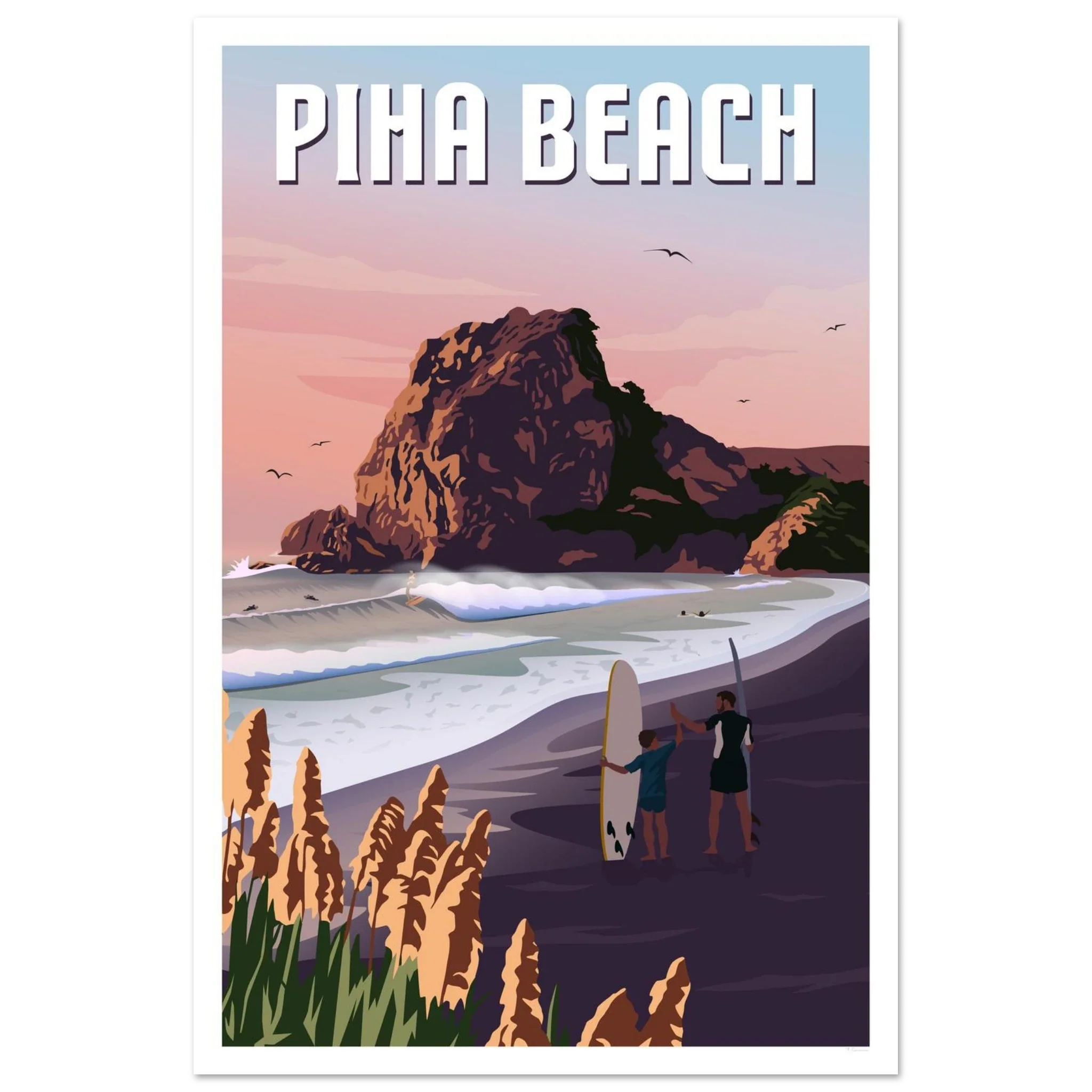 Travel Poster of surfers Lion Rock, Piha Beach, New Zealand Artist Tiffany Consumi - Viva Home