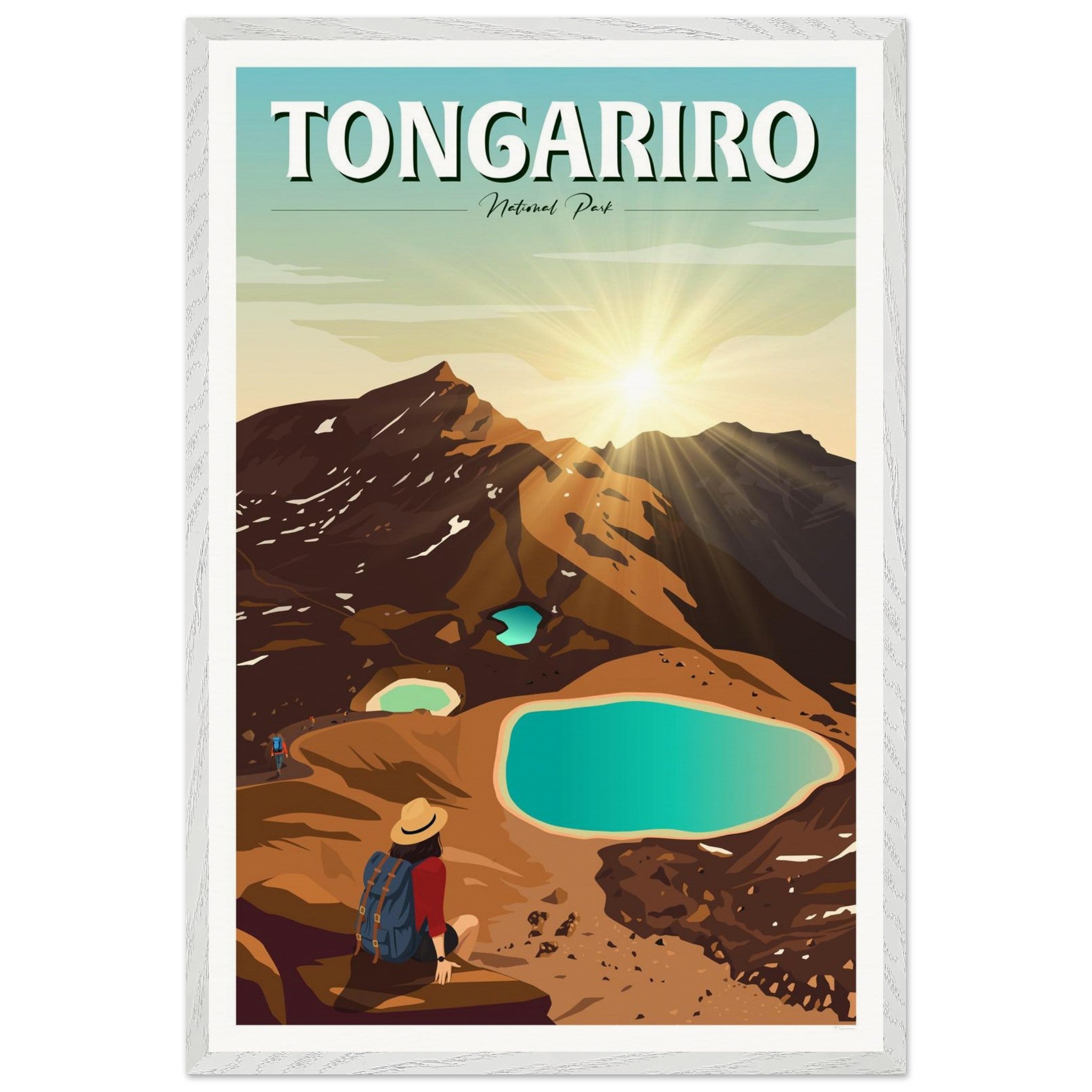 Travel Poster of Tongariro National Park, New Zealand with a person looking at turquoise pools and mountains. Artist Tiffany Consumi - Viva Home