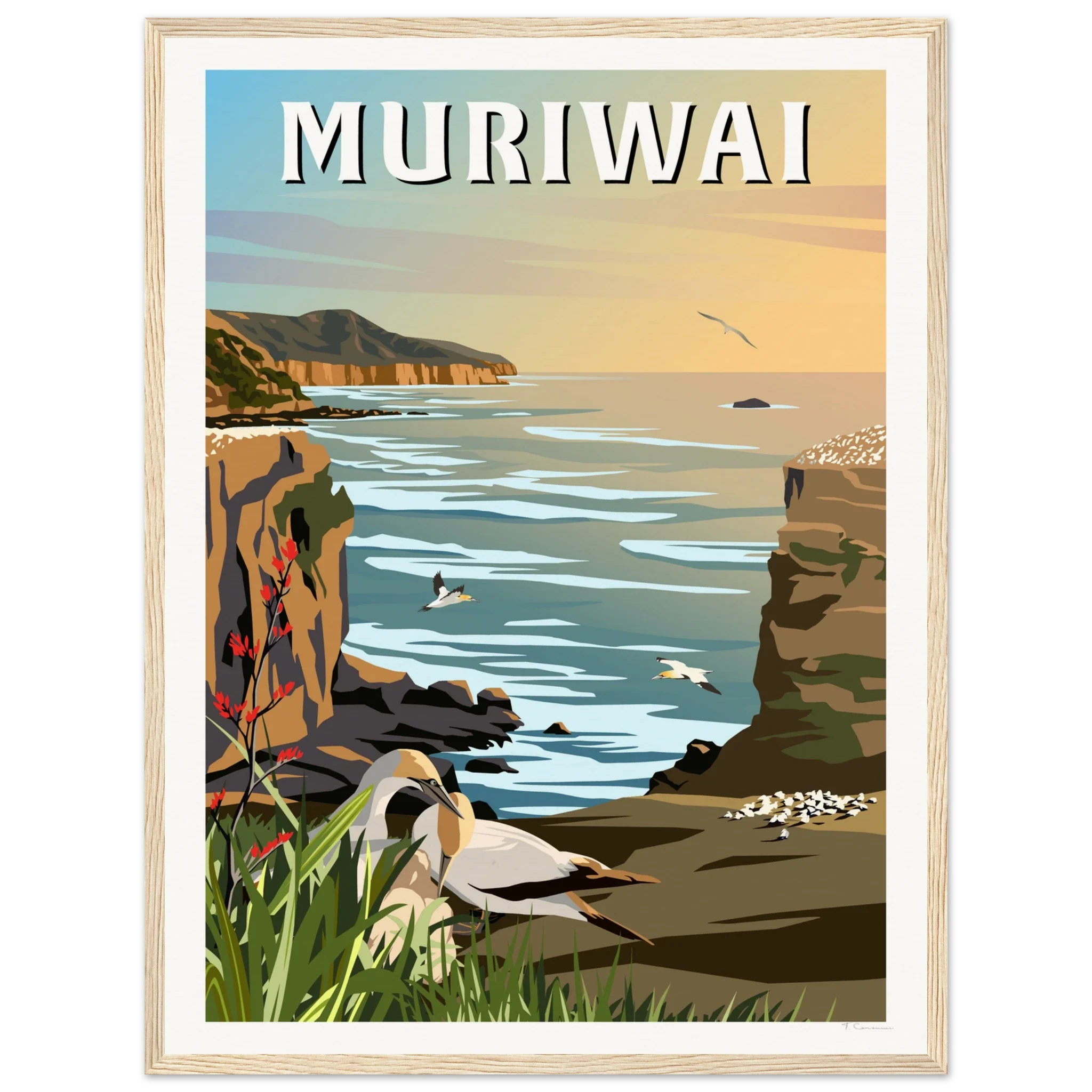 Muriwai Gannet Colony - Travel Poster of New Zealand