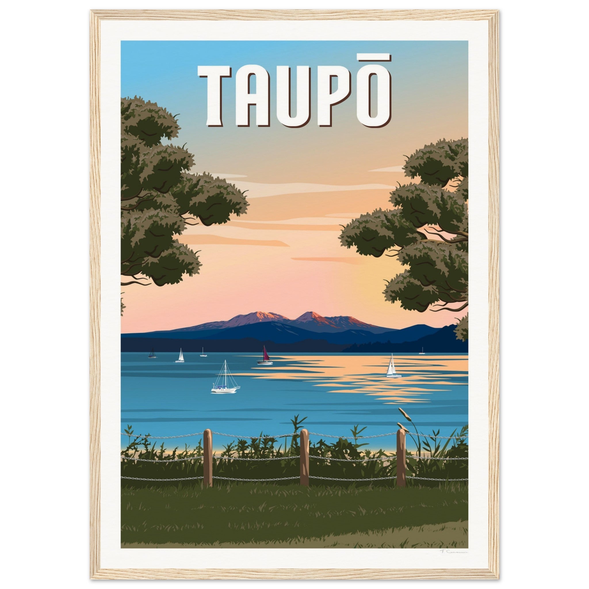 Taupō Sunset Peaks Travel Poster of New Zealand