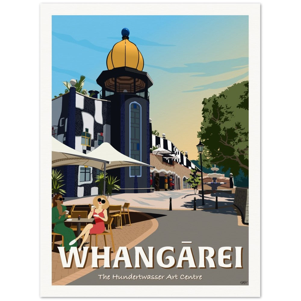 Vintage-style travel poster of Whangarei featuring the Hundertwasser Art Centre | Tiffany Consumi