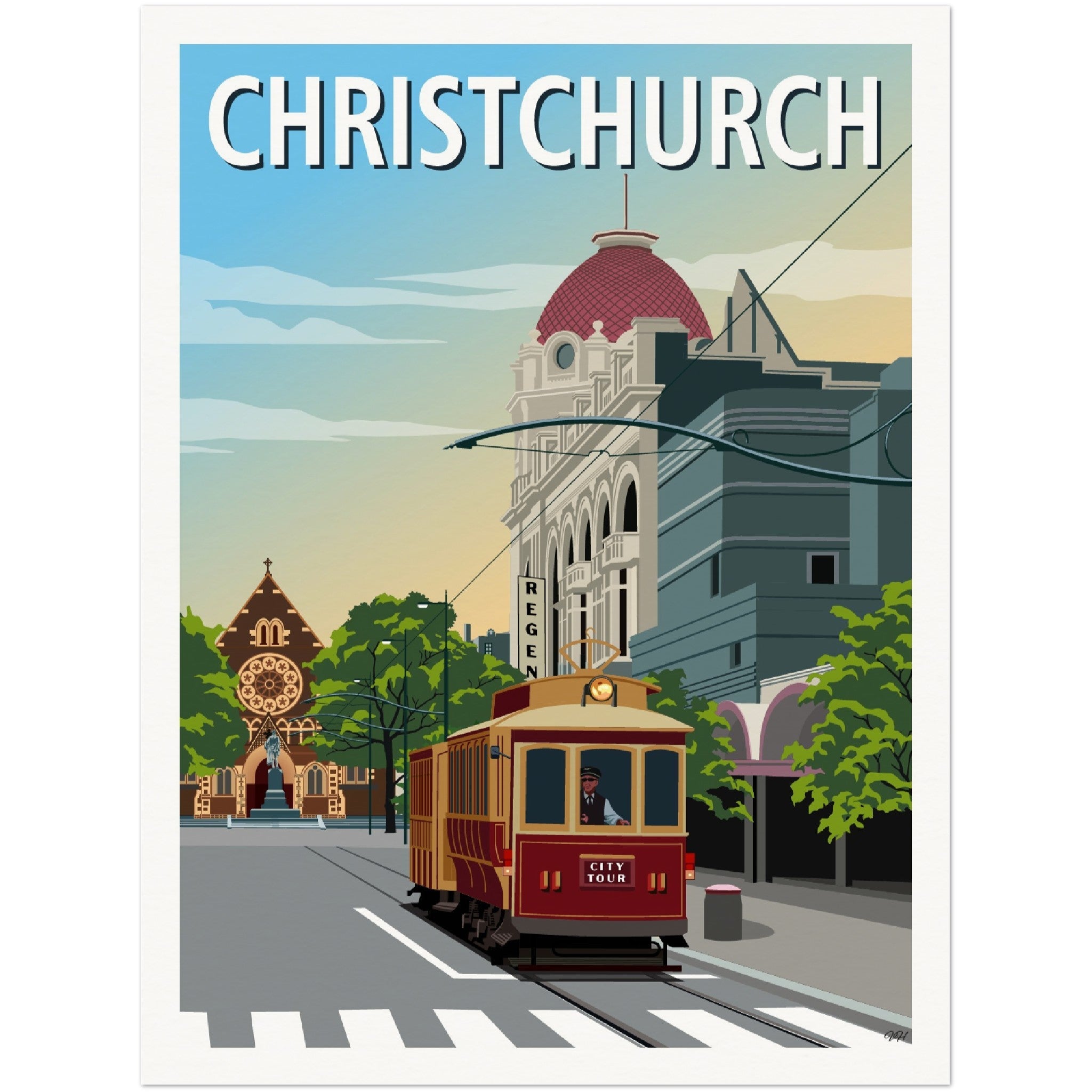 Vintage Travel poster of a tram in Christchurch New Zealand - Tiffany Consumi - Viva Home - Artevo