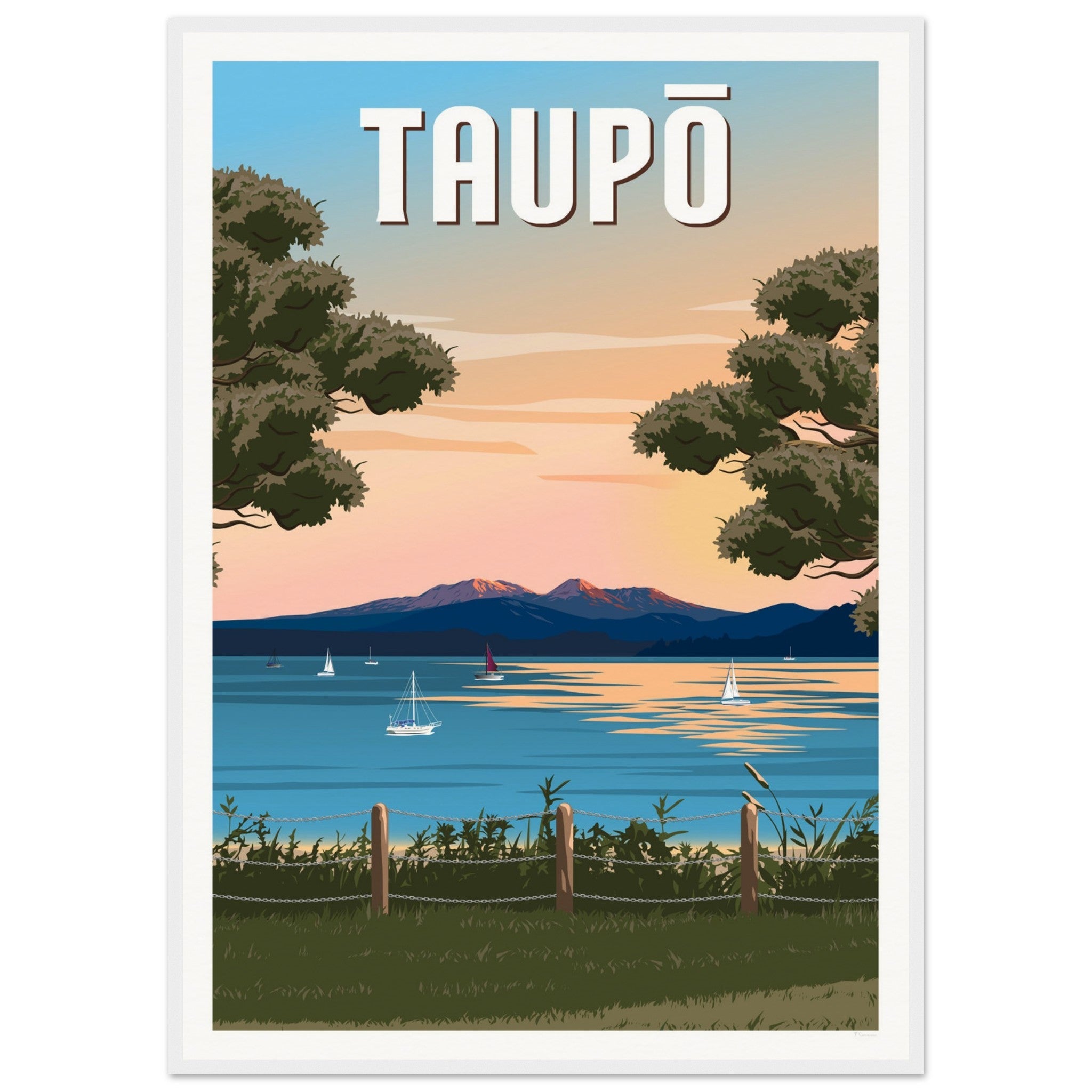 Taupō Sunset Peaks Travel Poster of New Zealand