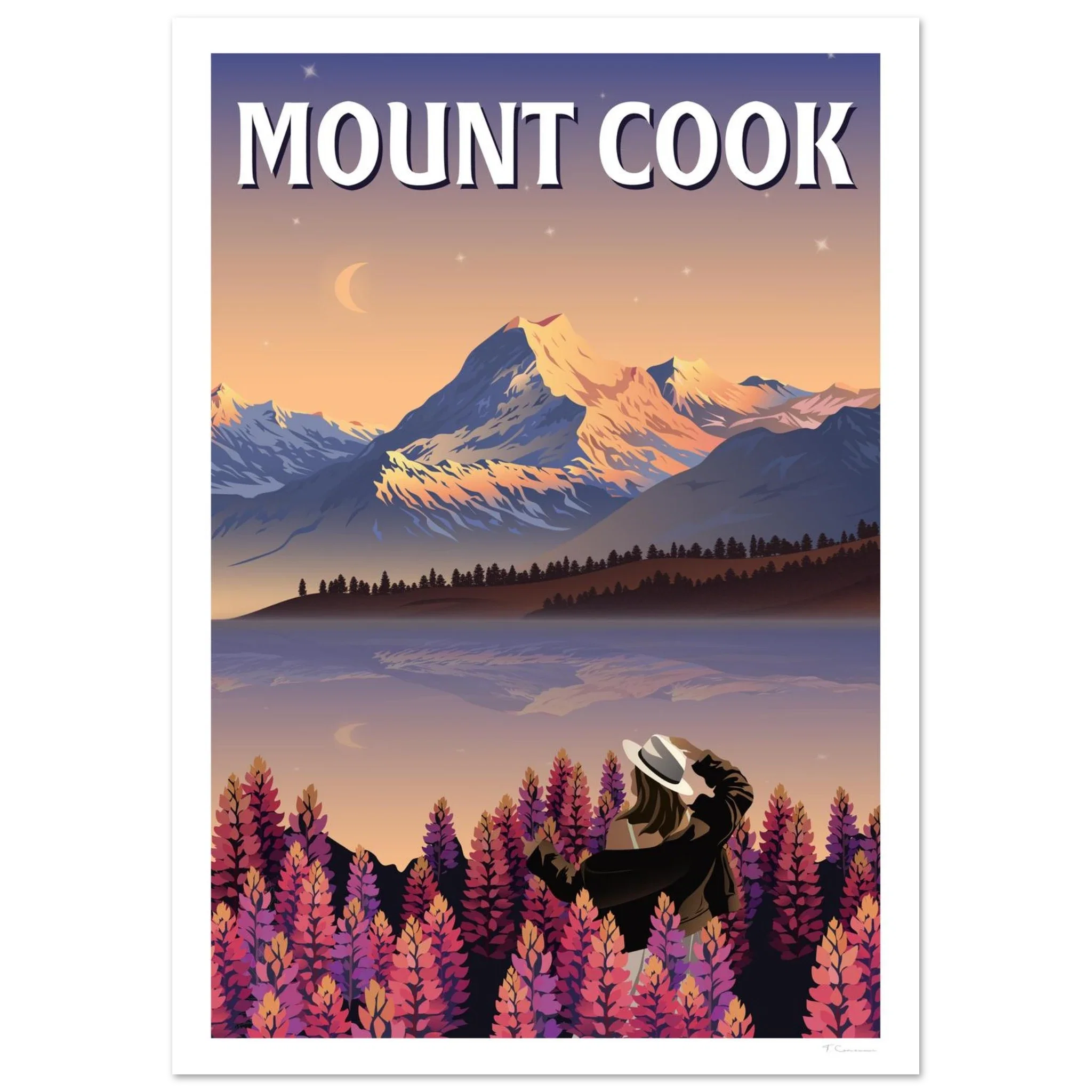 Mount Cook Lupins Travel Poster - Canterbury, New Zealand