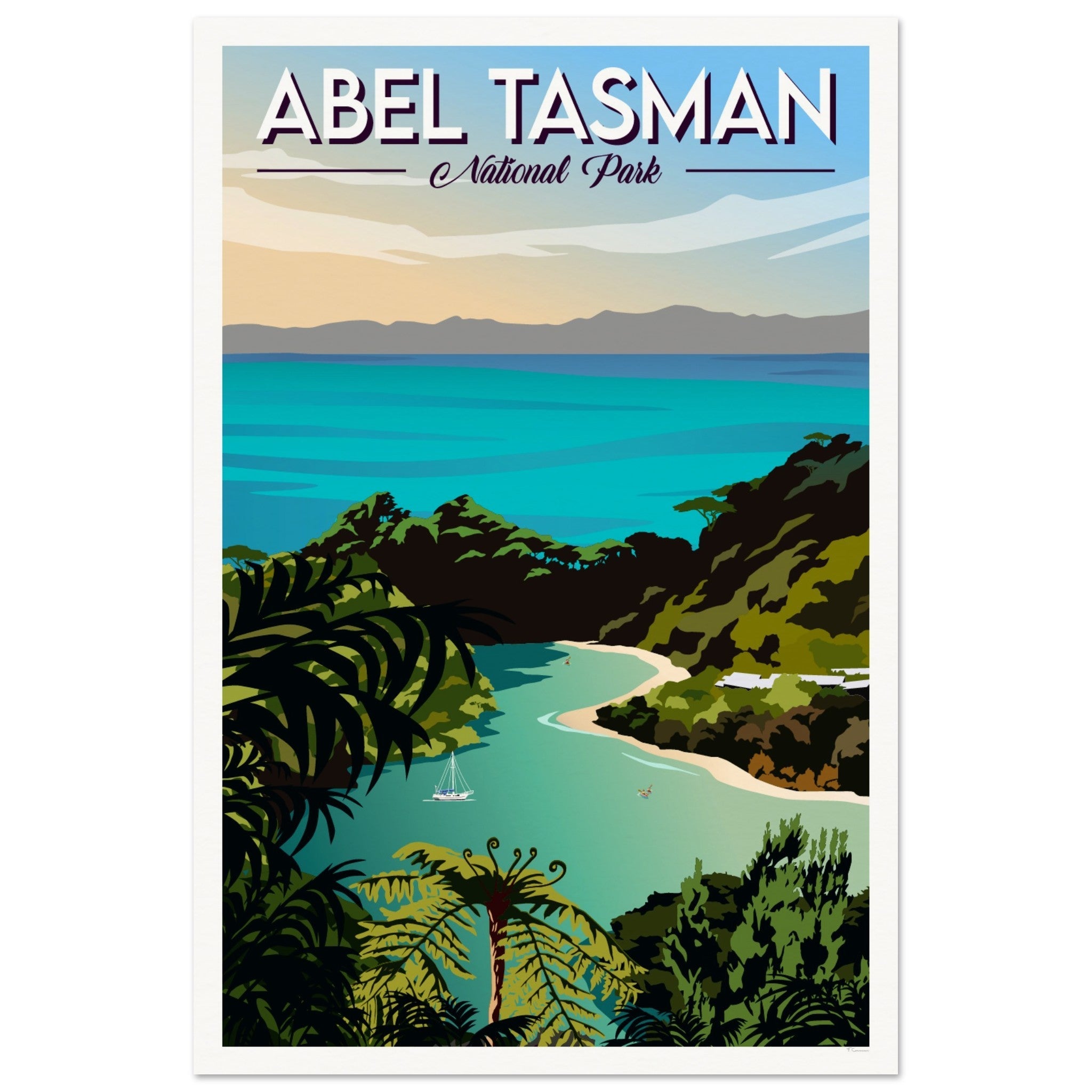 Poster of Abel Tasman National Park with a scenic view of a bay and mountains. Tiffany Consumi - Viva Home - New Zealand