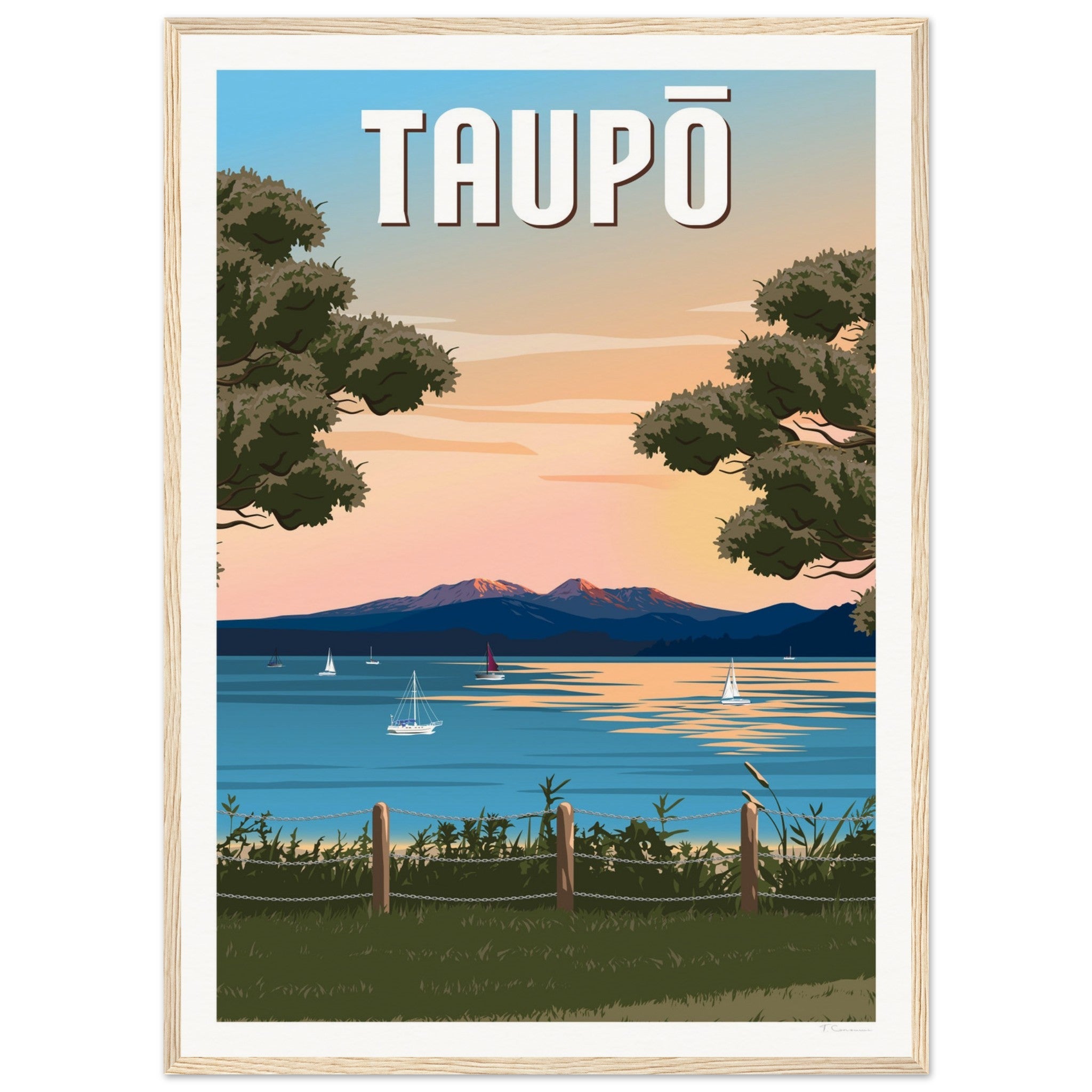 Taupō Sunset Peaks Travel Poster of New Zealand