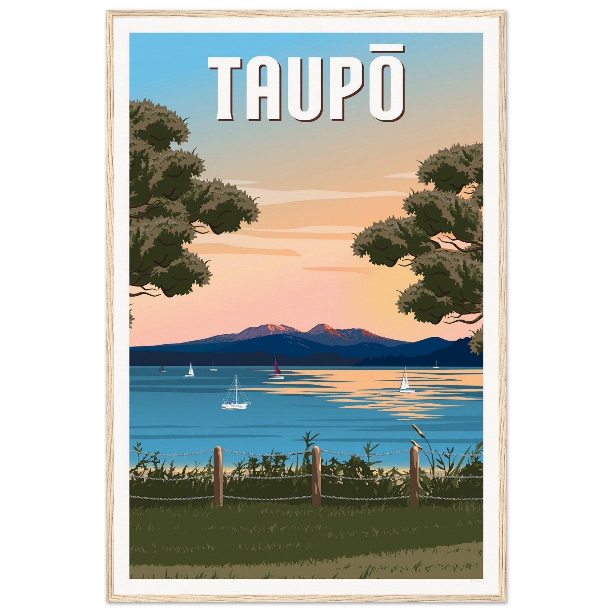 Taupō Sunset Peaks Travel Poster of New Zealand