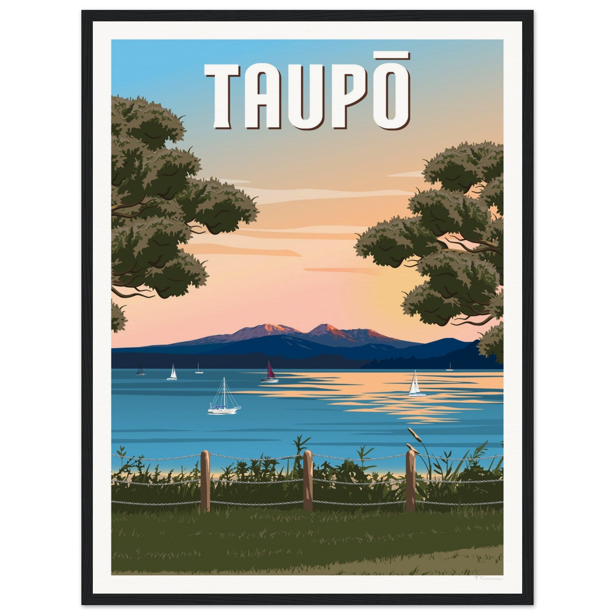 Taupō Sunset Peaks Travel Poster of New Zealand