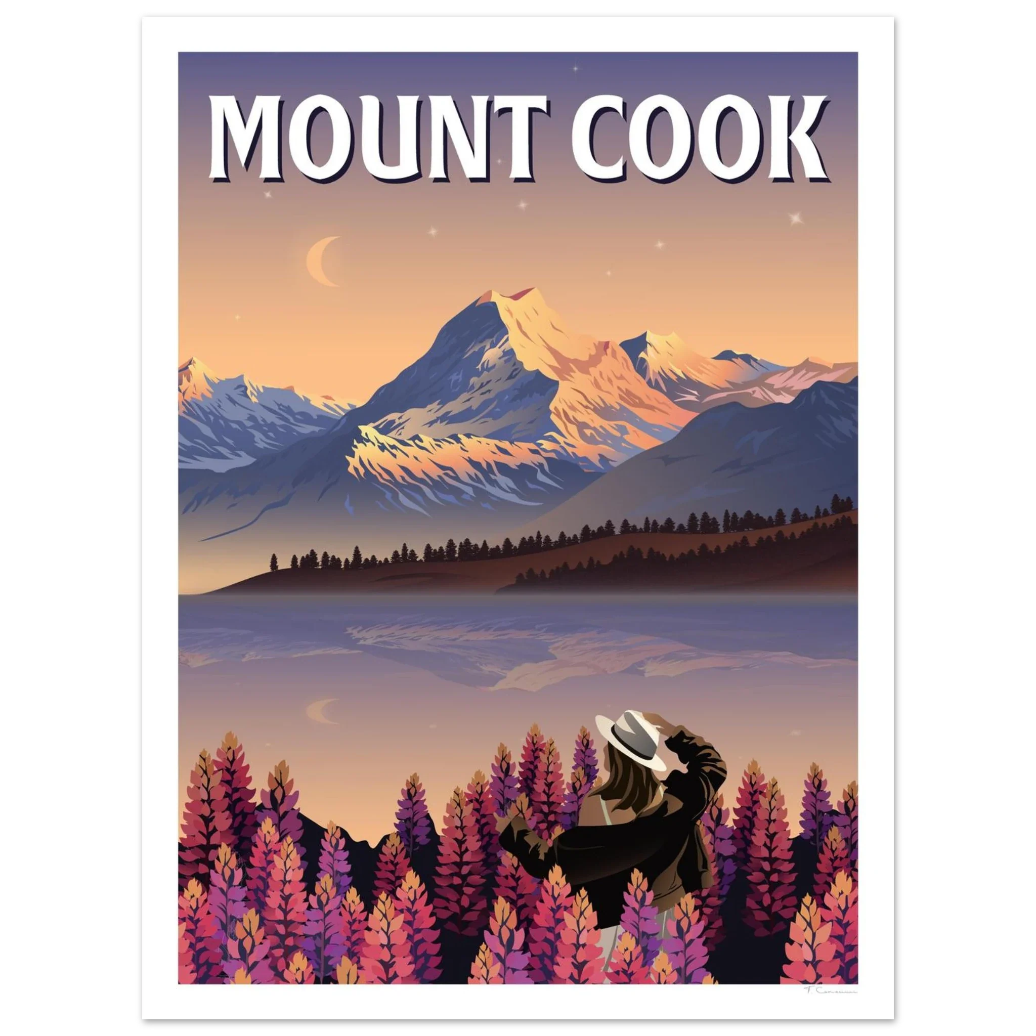 Mount Cook Lupins Travel Poster - Canterbury, New Zealand