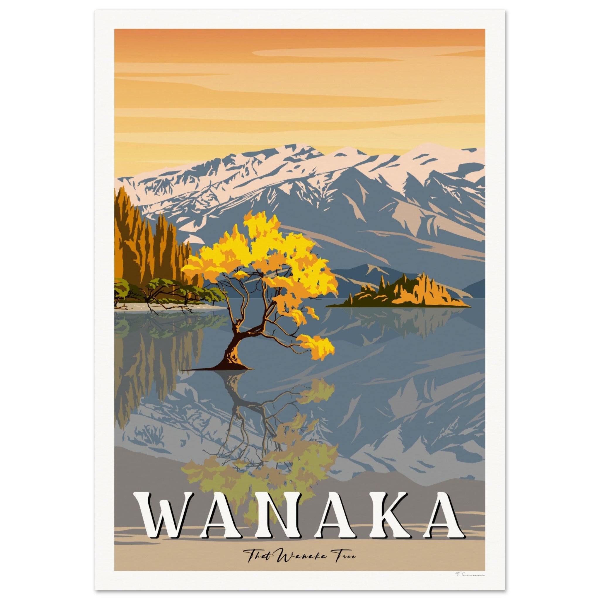 Poster of Lake Wanaka, New Zealand with a tree, lake, and mountains. Artist Tiffany Consumi - Viva Home