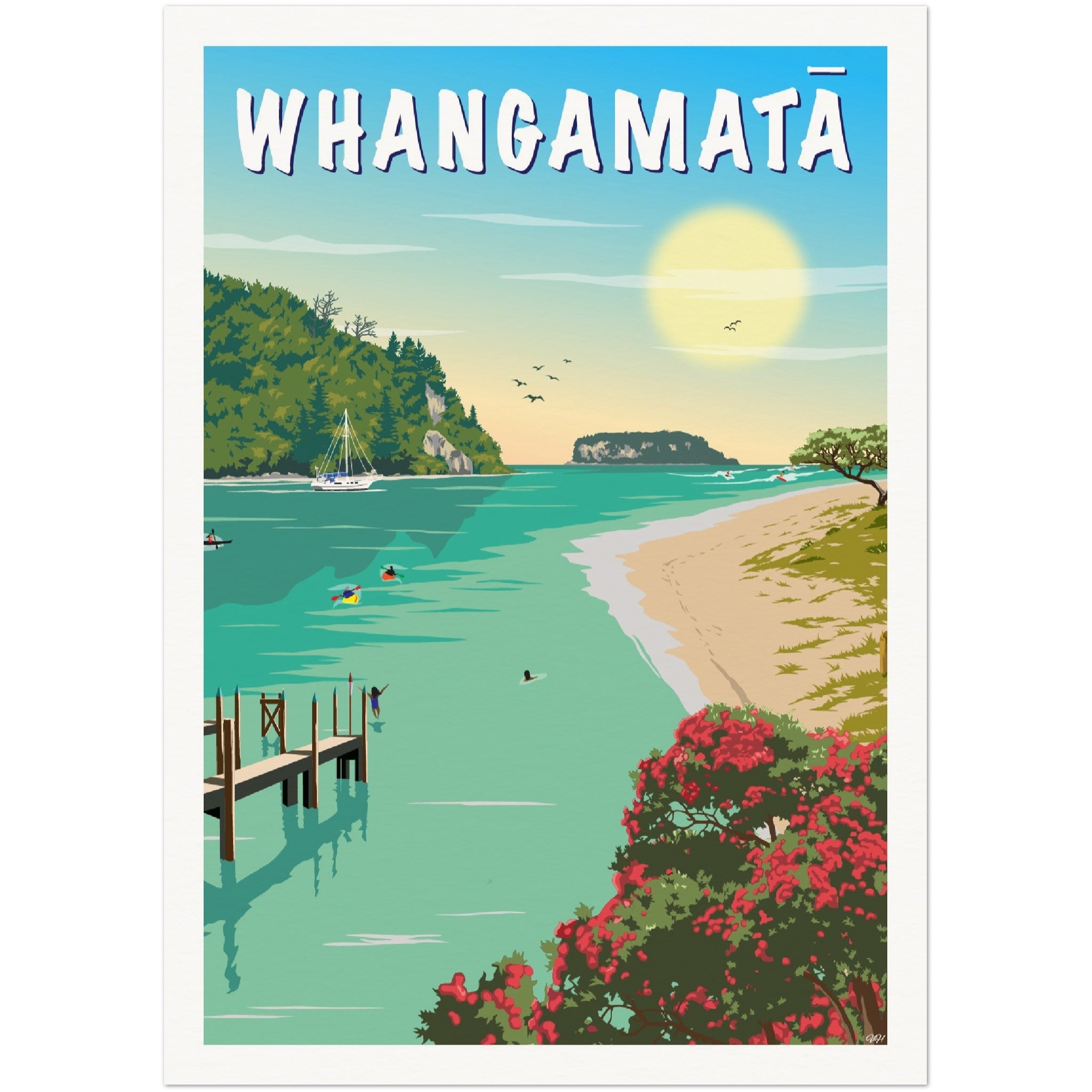 Poster of Whangamata with a beach, pier, and greenery. Artist Tiffany Consumi - Viva Home