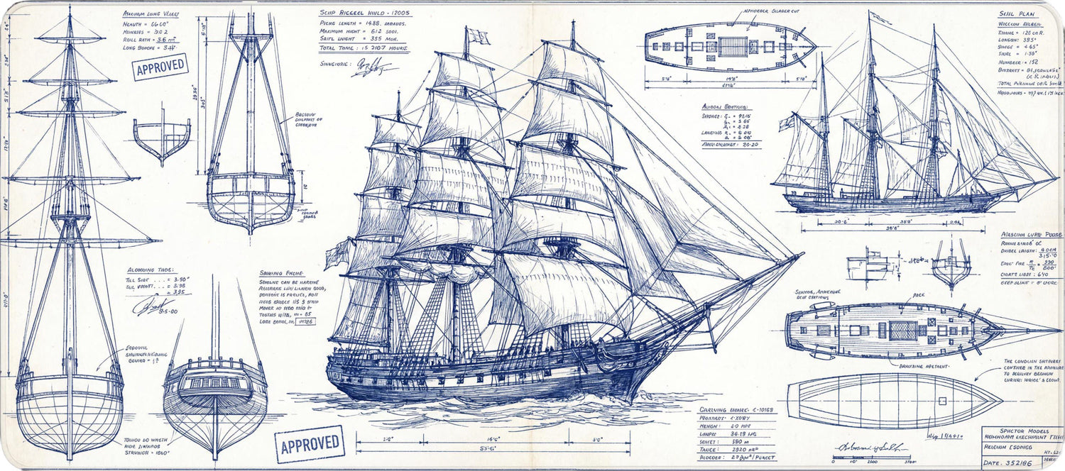 Sailing Ship Blueprint Desk Mat