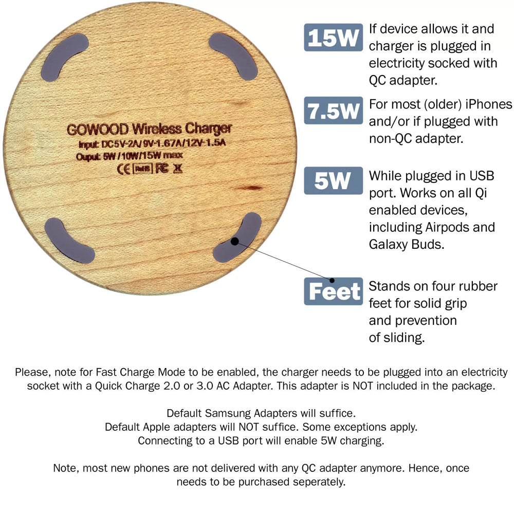 GOWOOD 15W Fast Wooden Wireless Charger - Cedar