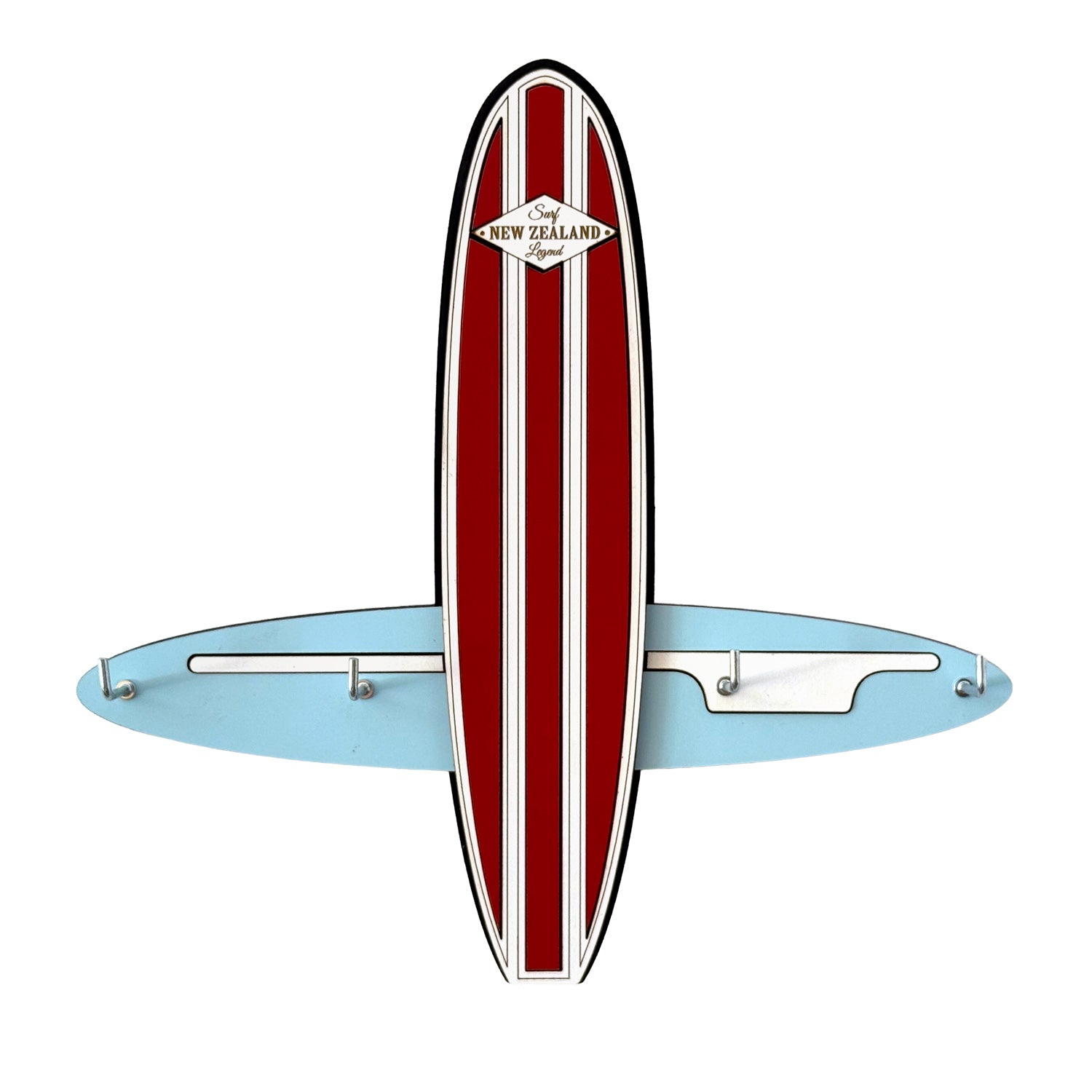 Red and white striped surfboard key-holder bottom on a white background