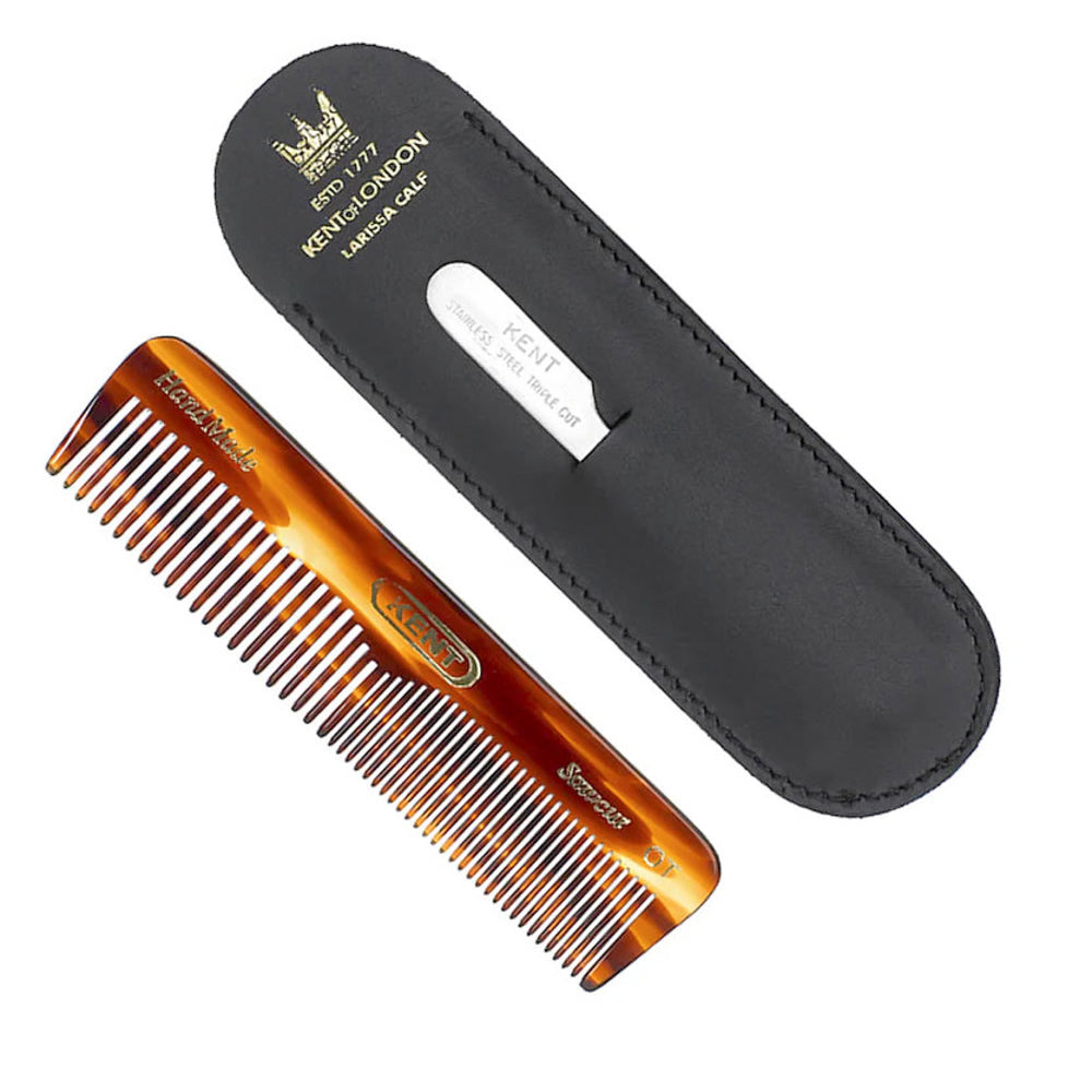 Kent Small Handmade Comb with Nail File in Leather Case
