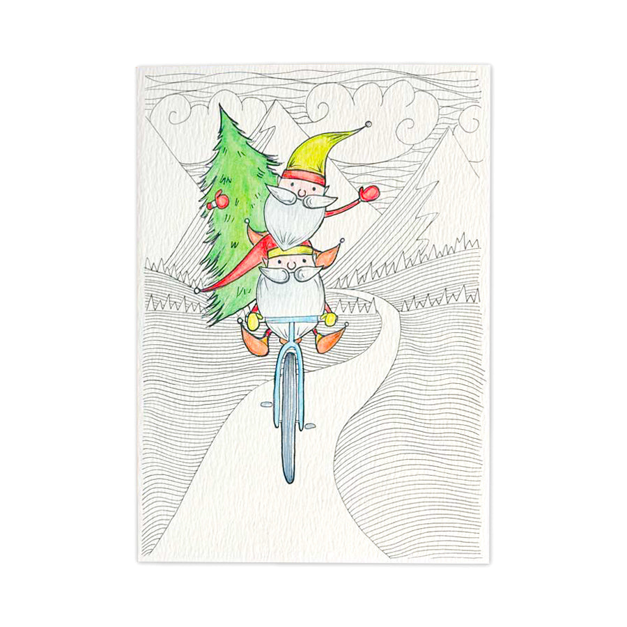 Elves on a bike Christmas Card - Little Difference NZ