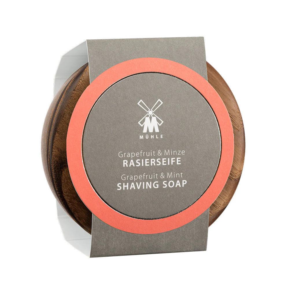 Muhle Grapefruit and Mint Shaving soap in wooden bowl