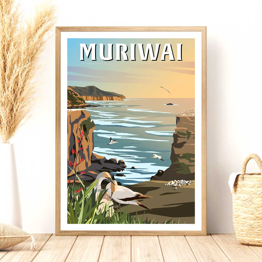 Muriwai Gannet Colony - Travel Poster of New Zealand