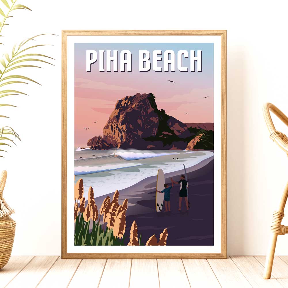 Piha Surf Beach Travel Poster of New Zealand