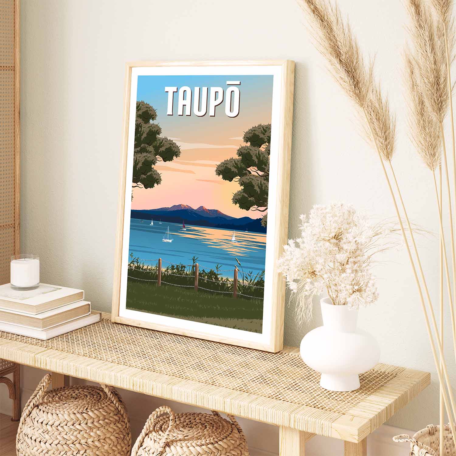 Taupō Sunset Peaks Travel Poster of New Zealand