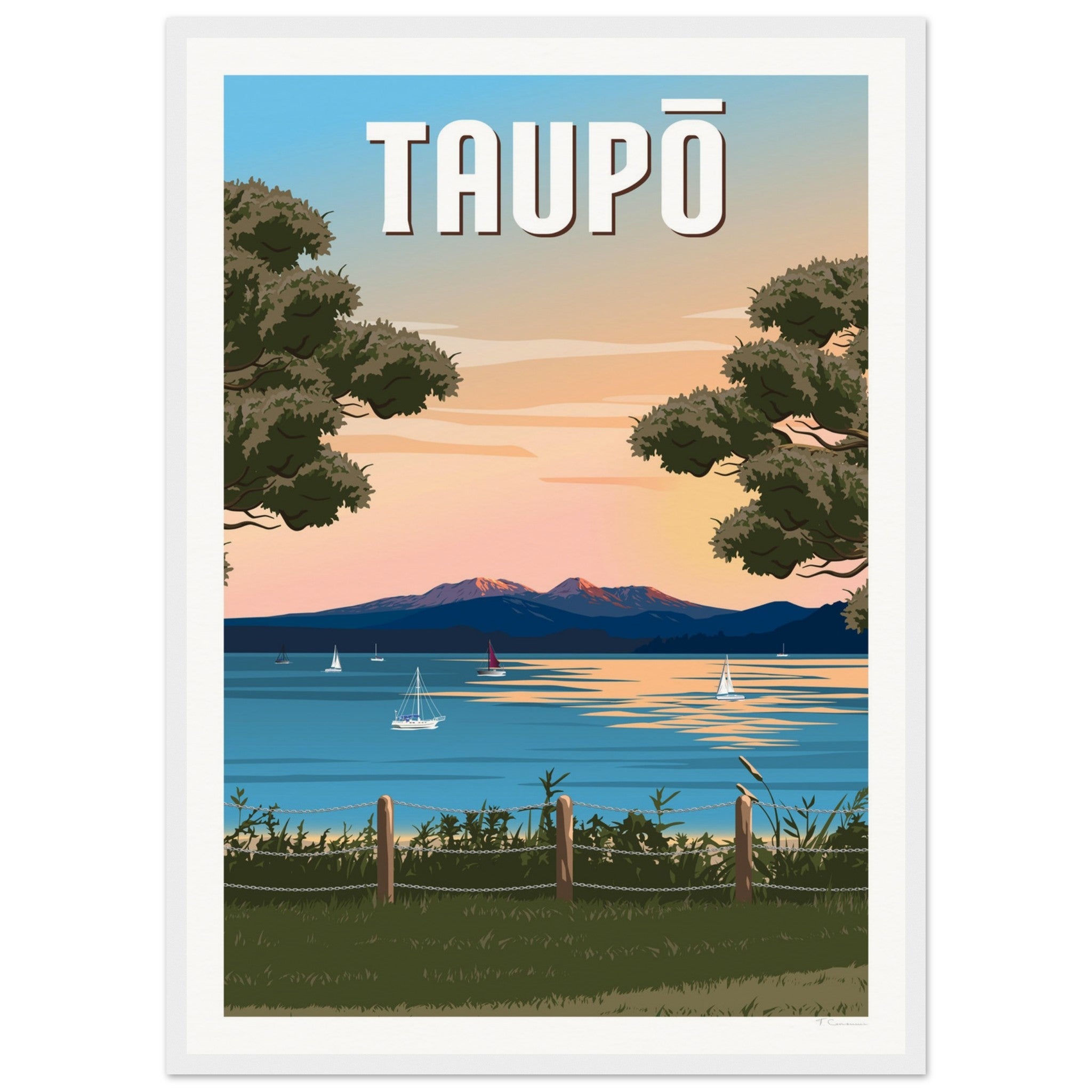 Taupō Sunset Peaks Travel Poster of New Zealand