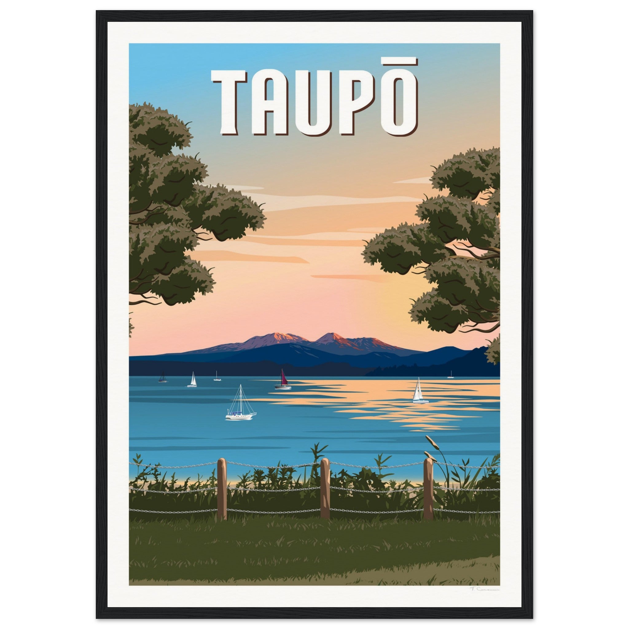 Taupō Sunset Peaks Travel Poster of New Zealand
