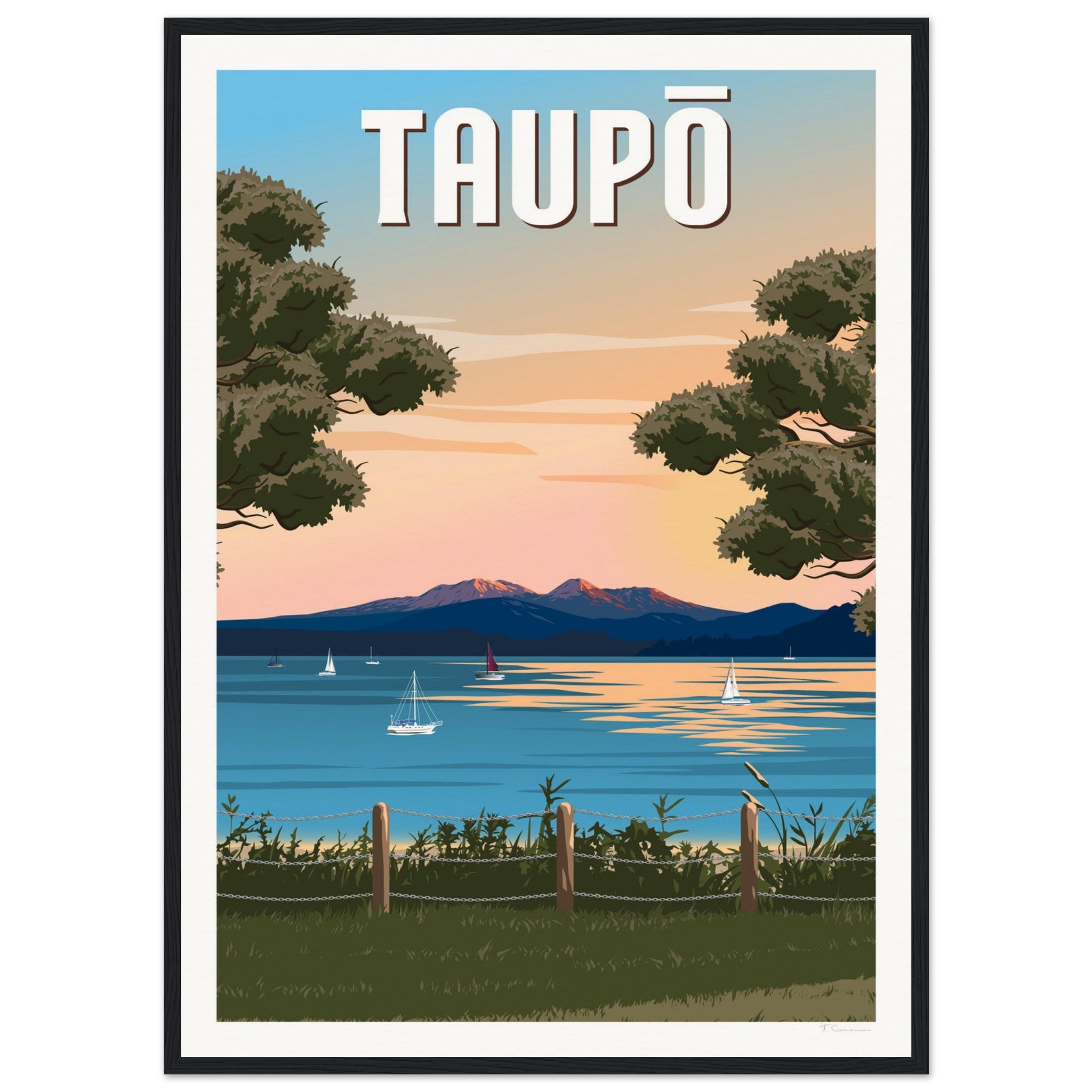 Taupō Sunset Peaks Travel Poster of New Zealand