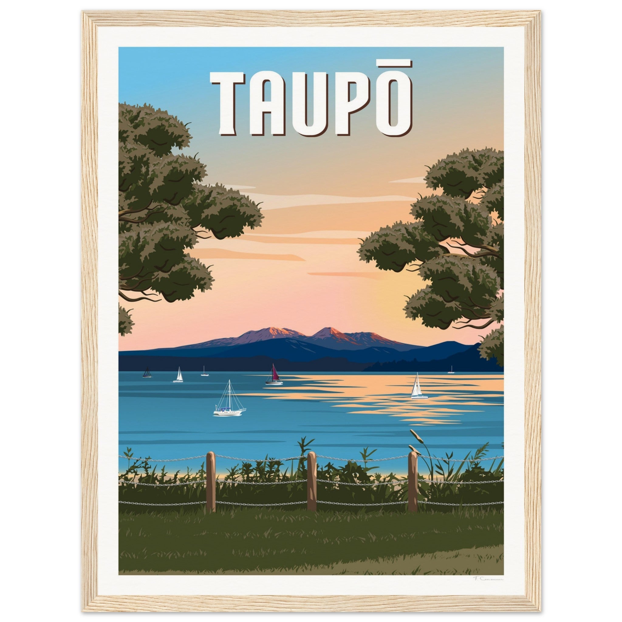 Taupō Sunset Peaks Travel Poster of New Zealand