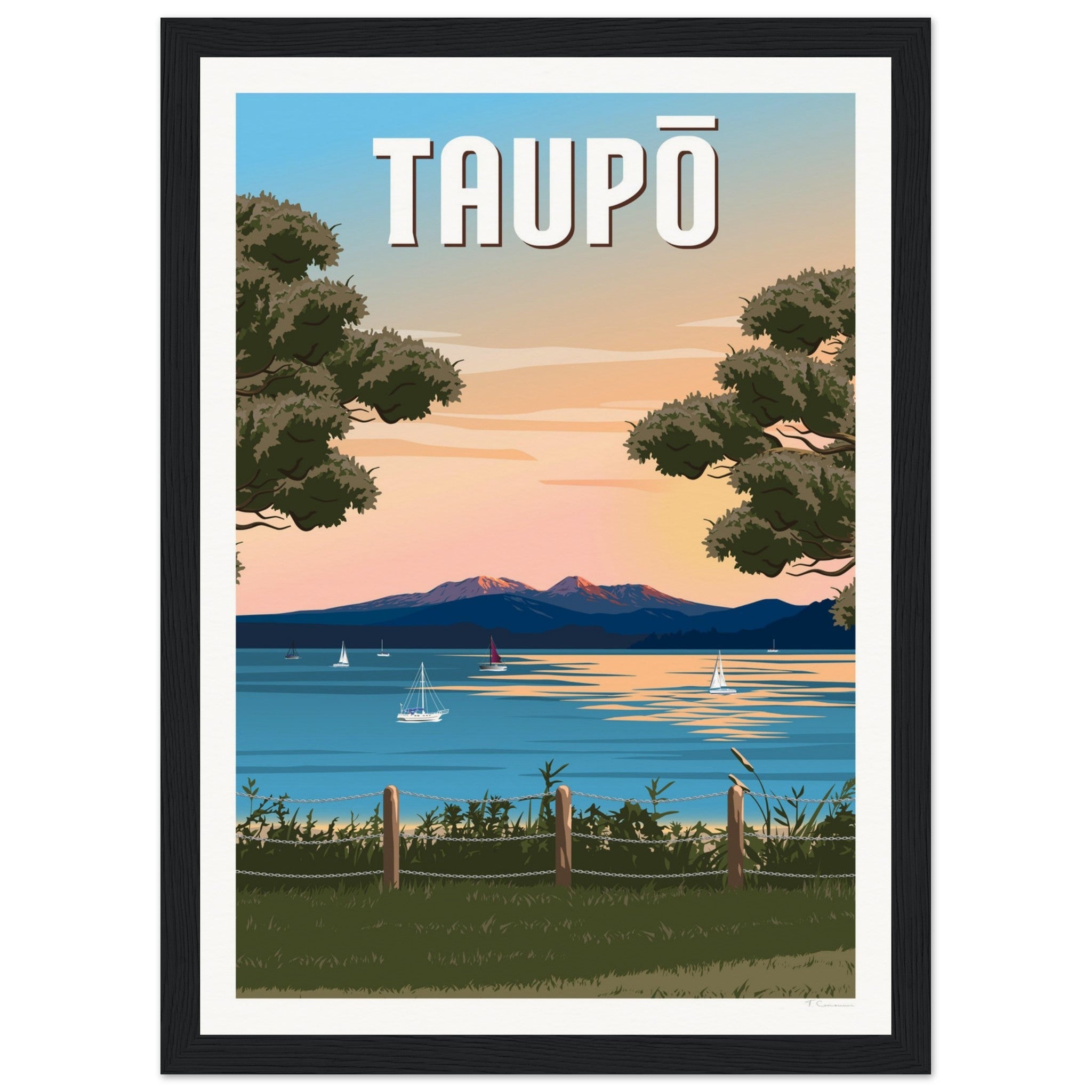 Taupō Sunset Peaks Travel Poster of New Zealand
