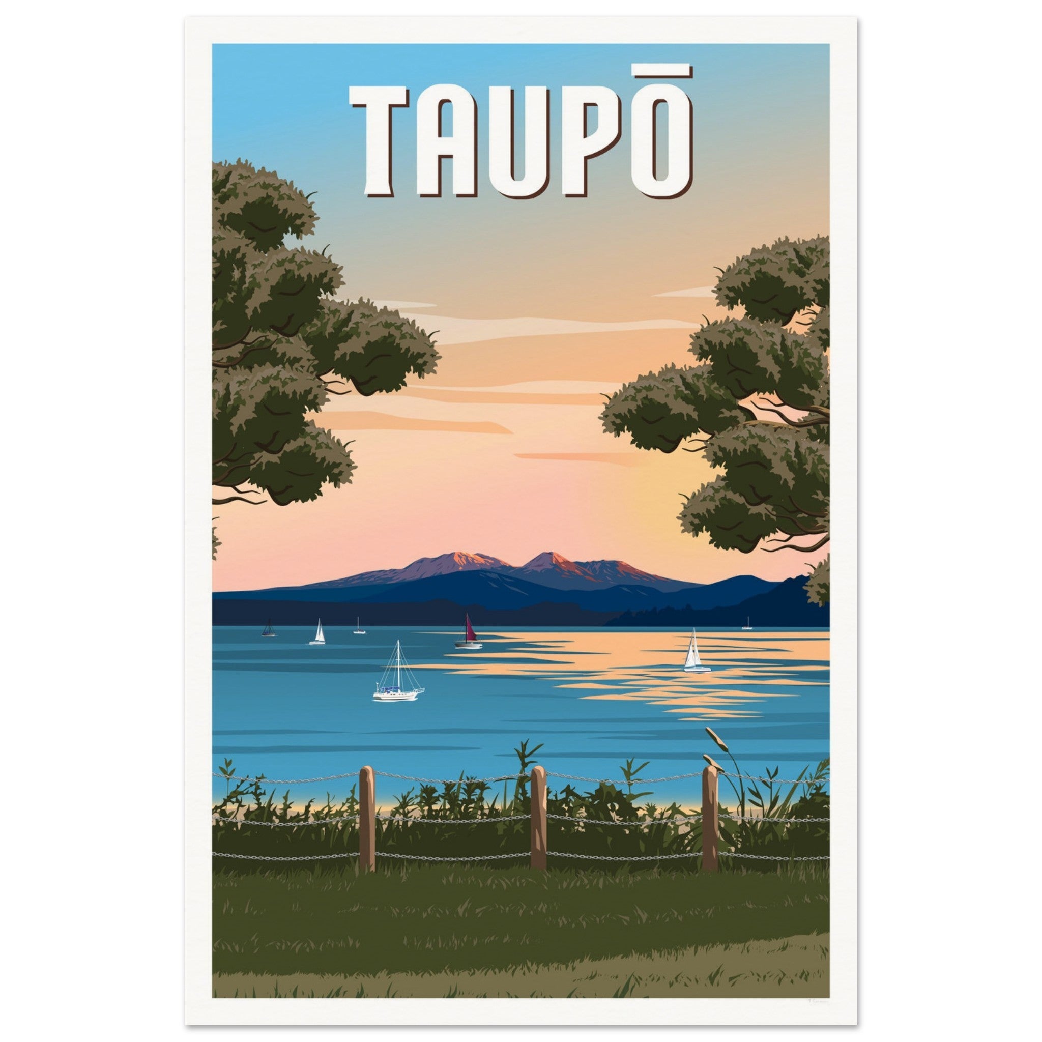 Taupō Sunset Peaks Travel Poster of New Zealand