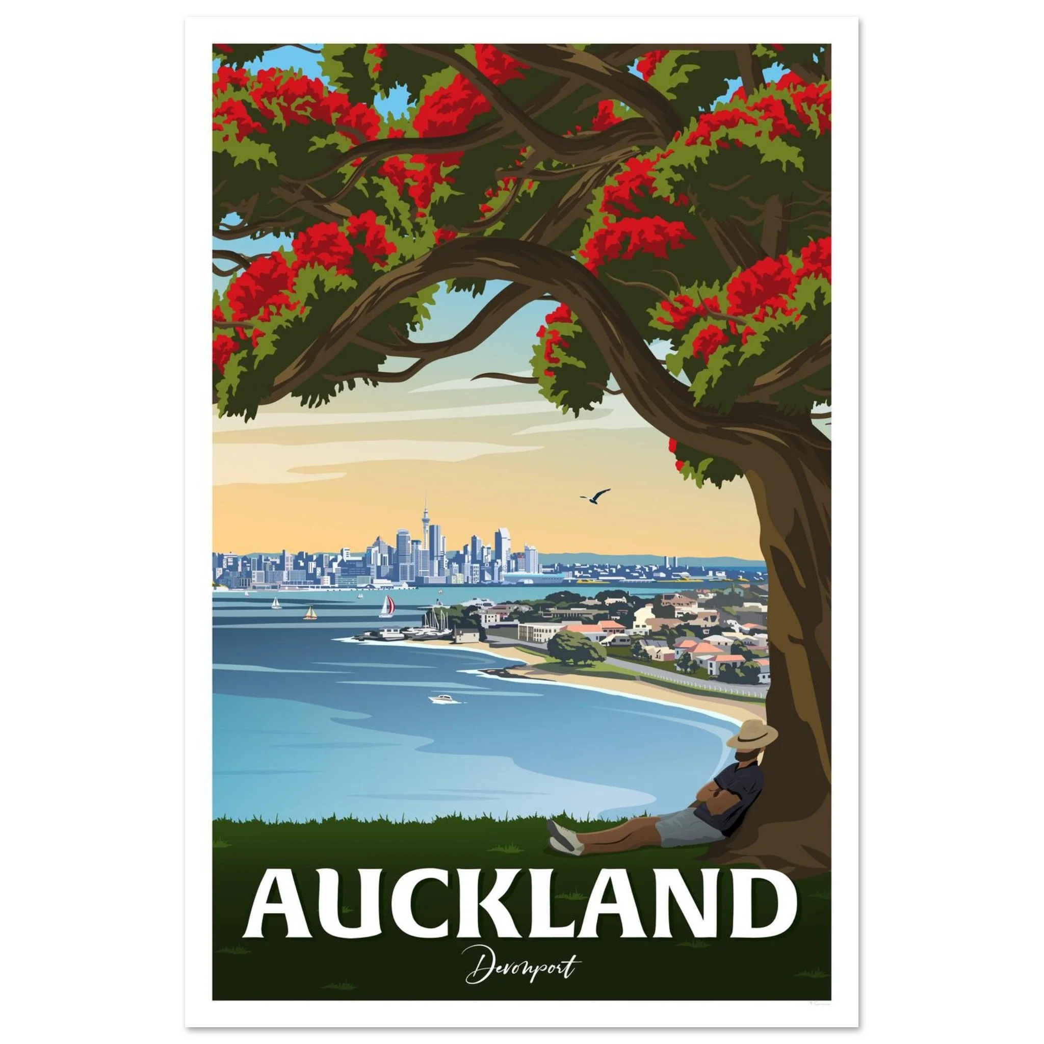 North Head in Devonport under a Pohutukawa across the Waitemata harbour to Auckland New Zealand - Tiffany Consumi - Viva Home