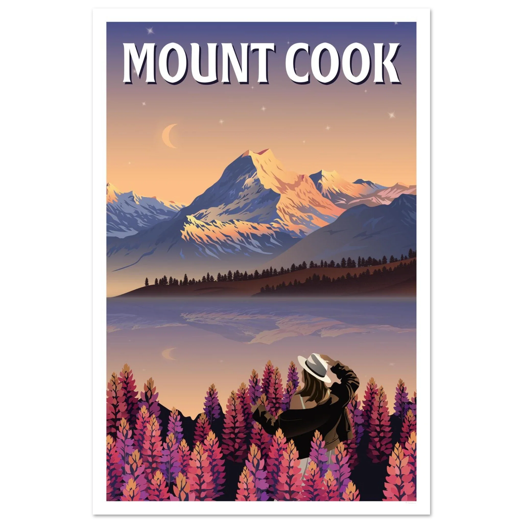 Vintage-style poster of Mount Cook with lupins. by Tiffany Consumi