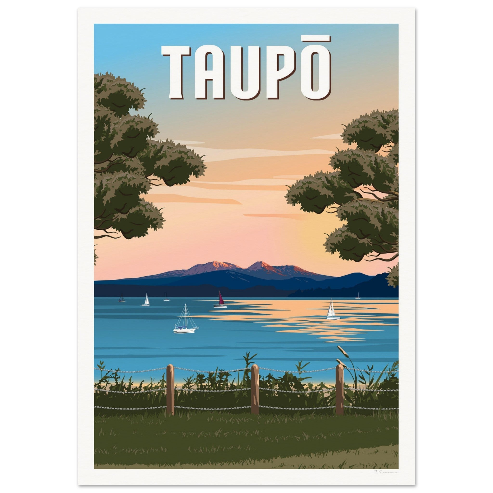 Taupō Sunset Peaks Travel Poster of New Zealand