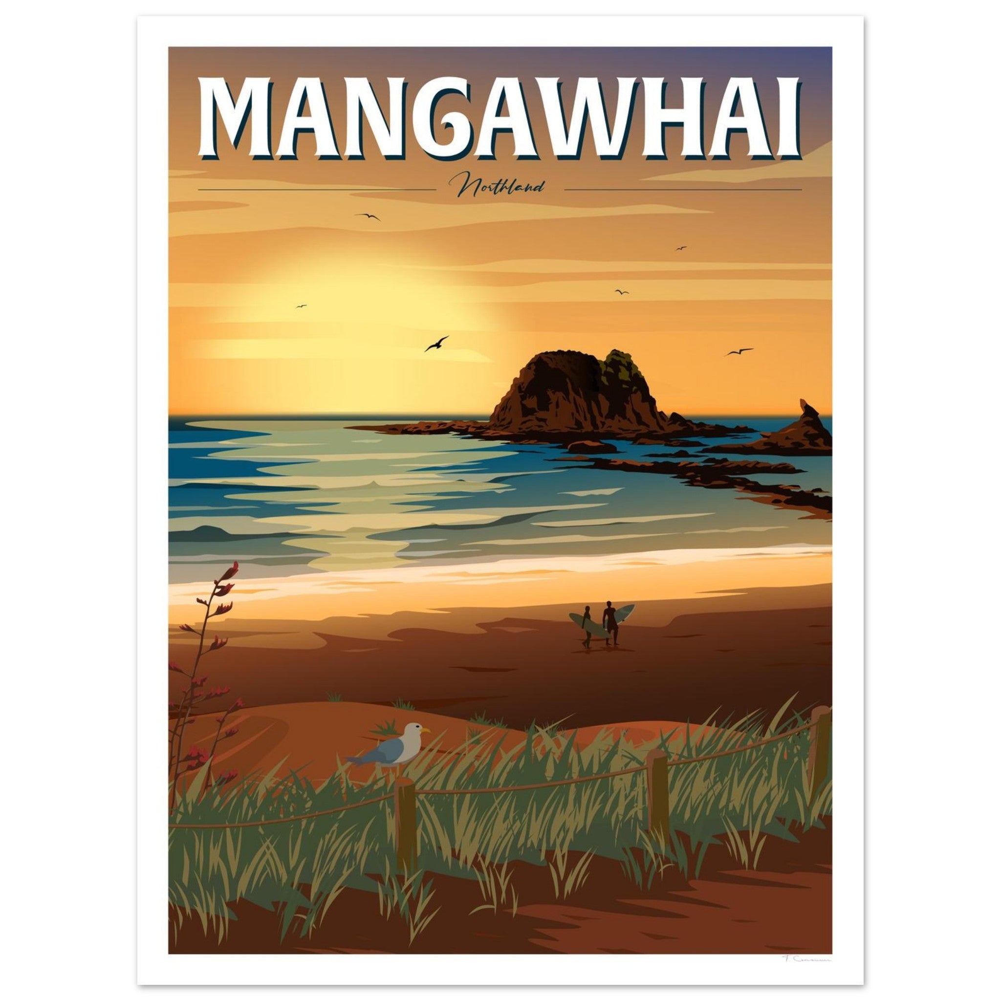 Mangawhai, New Zealand vintage style travel poster - Tiffany Consumi