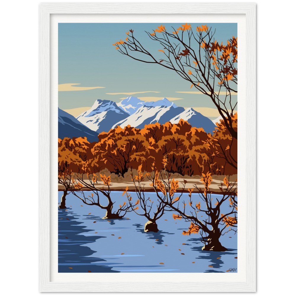Glenorchy Willow Trees Autumn Travel Poster, New Zealand
