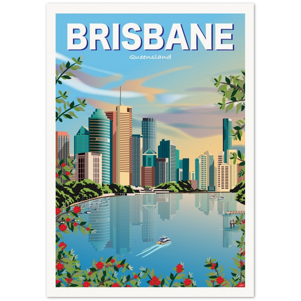 Illustration of Brisbane skyline with modern buildings and a river, framed by nature. Artist Tiffany Consumi