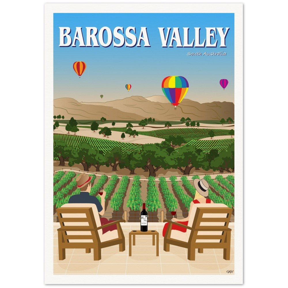 Barossa Valley with people enjoying wine and hot air balloons. Artist Tiffany Consumi