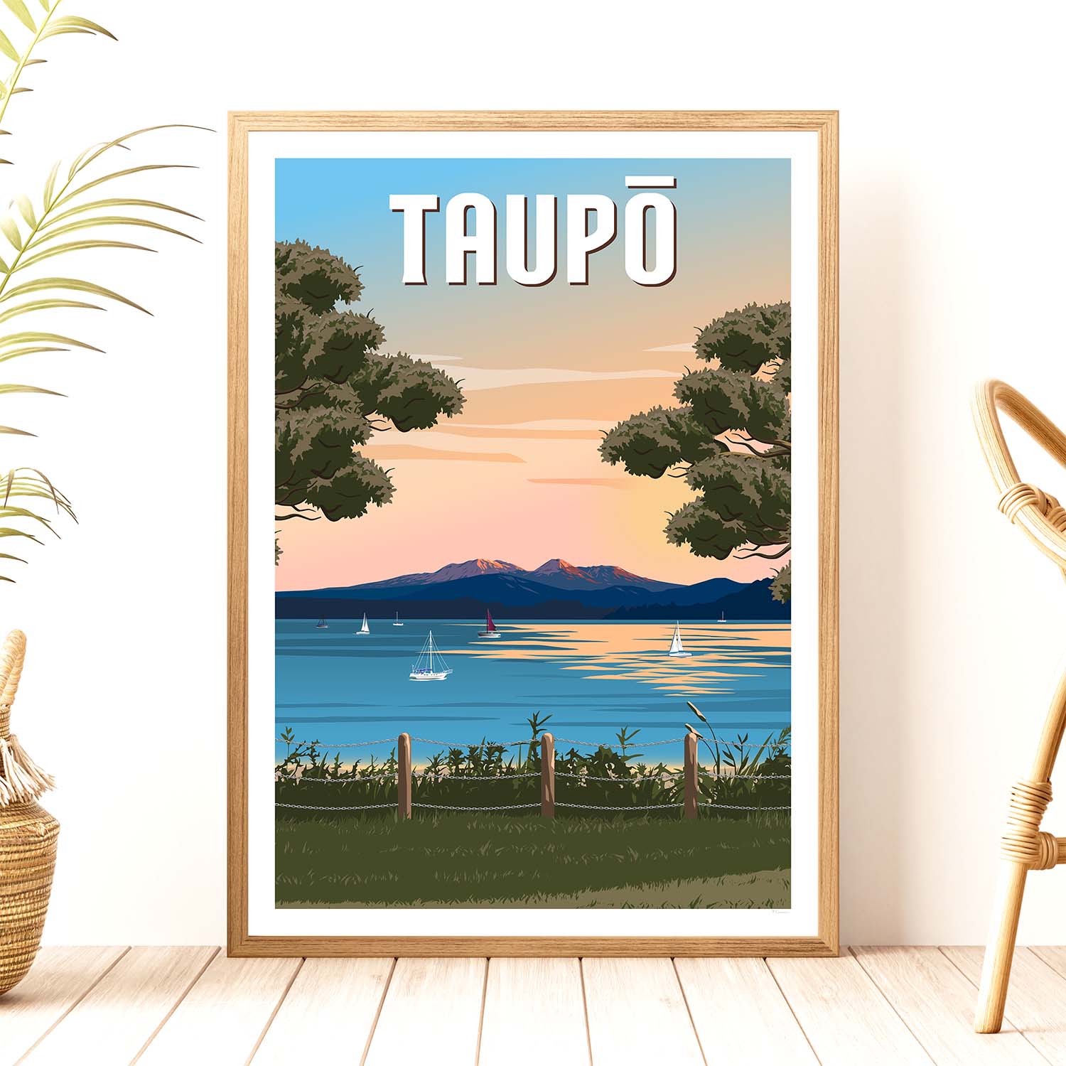 Taupō Sunset Peaks Travel Poster of New Zealand