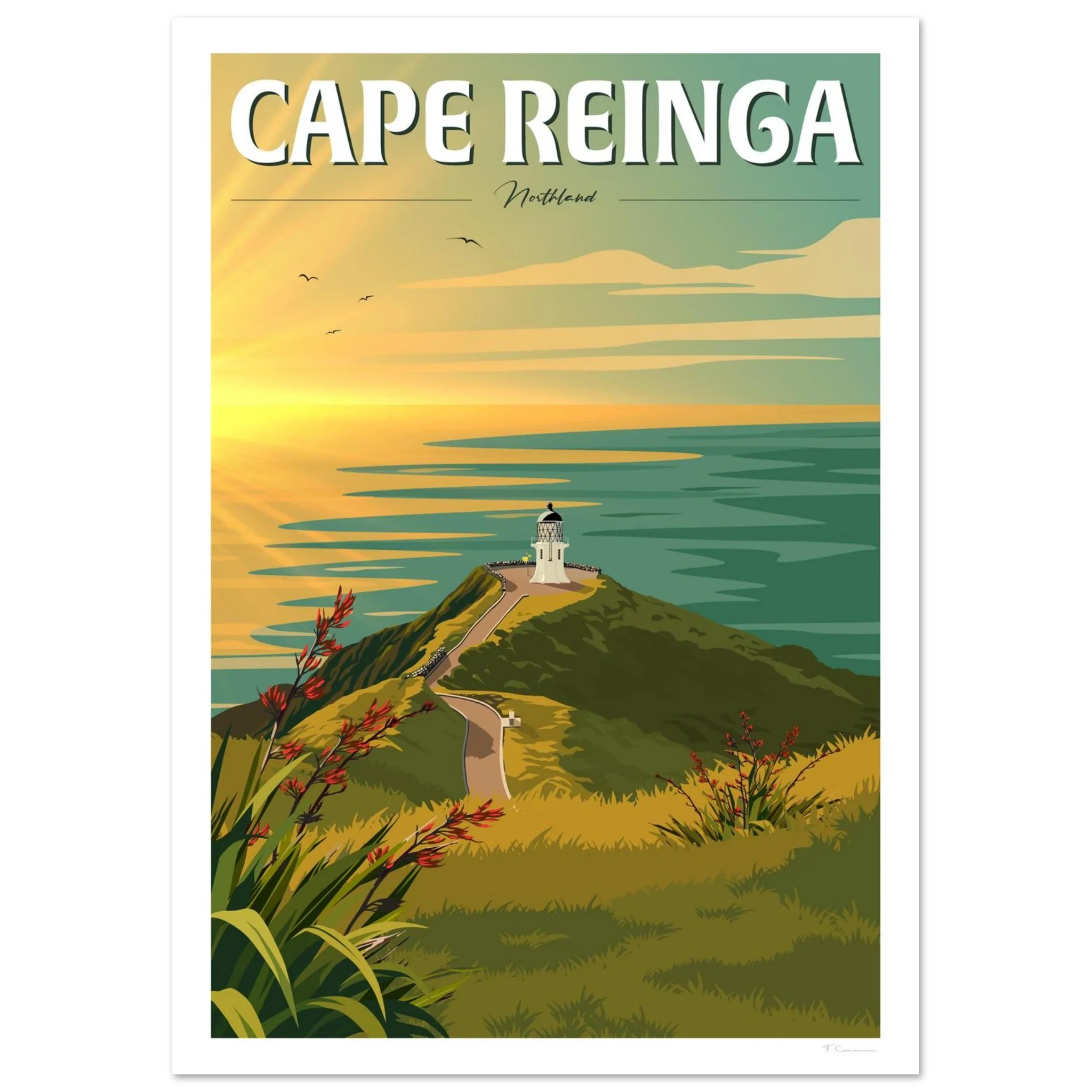 Vintage -style travel poster of Cape Reinga, Northern New Zealand | Tiffany Consumi