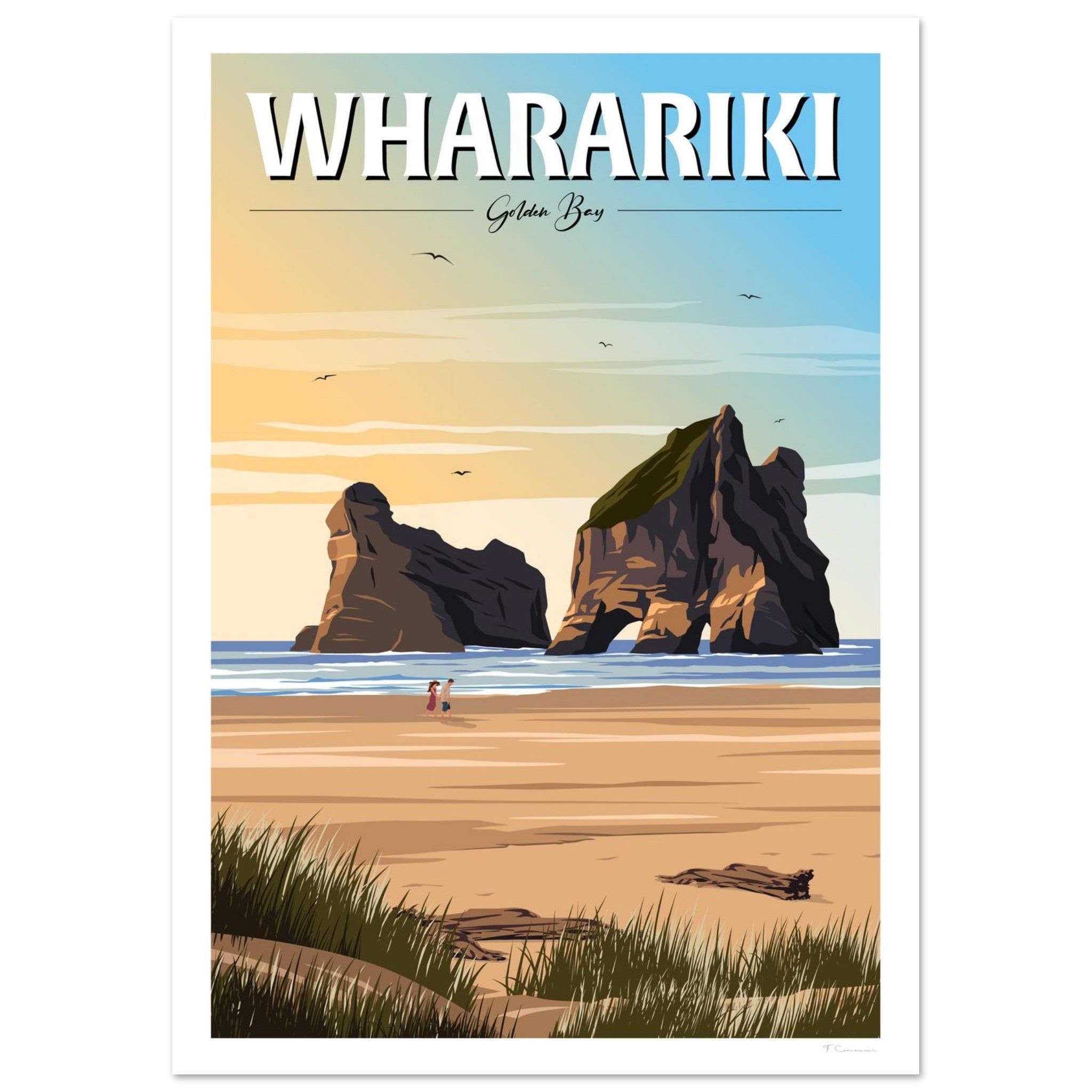 Travel poster of Wharariki, Golden Bay New Zealand by Tiffany Consumi