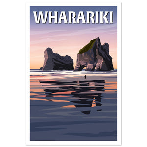 A travel poster print of Wharariki by Tiffany Consumi