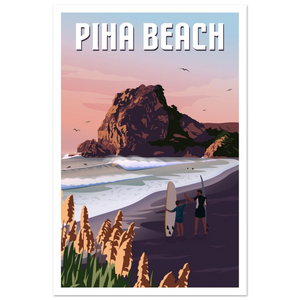 Travel Poster of surfers  Lion Rock, Piha Beach, New Zealand Artist Tiffany Consumi  - Viva Home