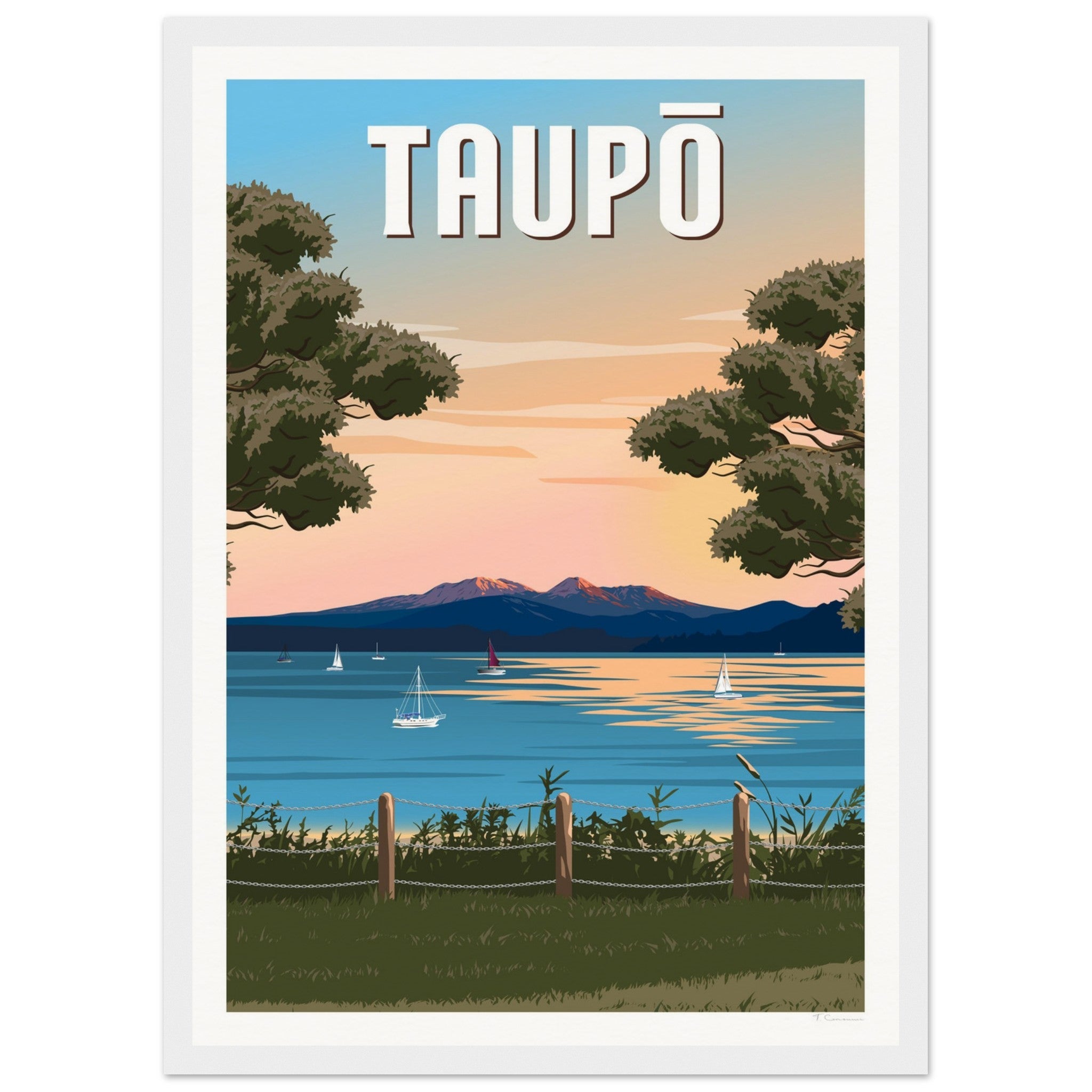 Taupō Sunset Peaks Travel Poster of New Zealand