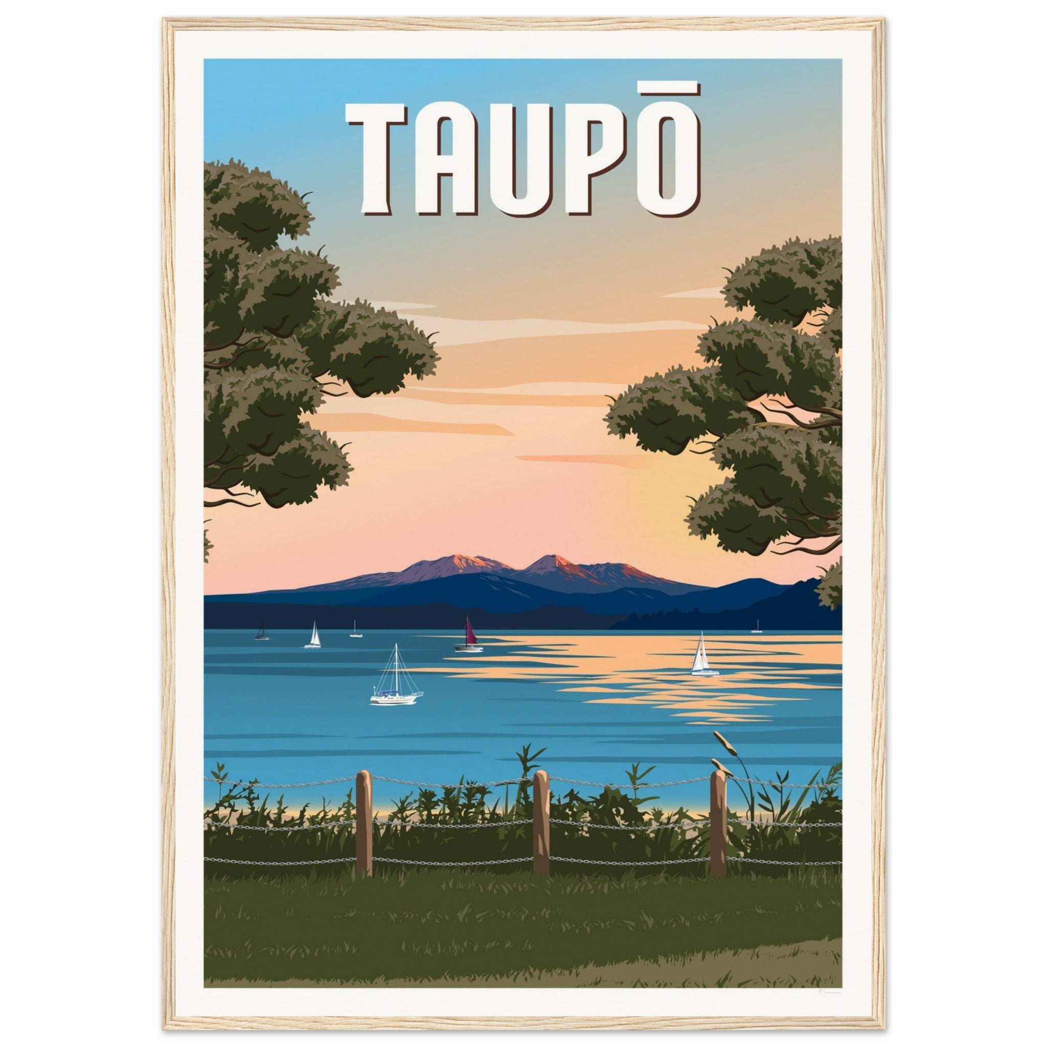 Taupō Sunset Peaks Travel Poster of New Zealand