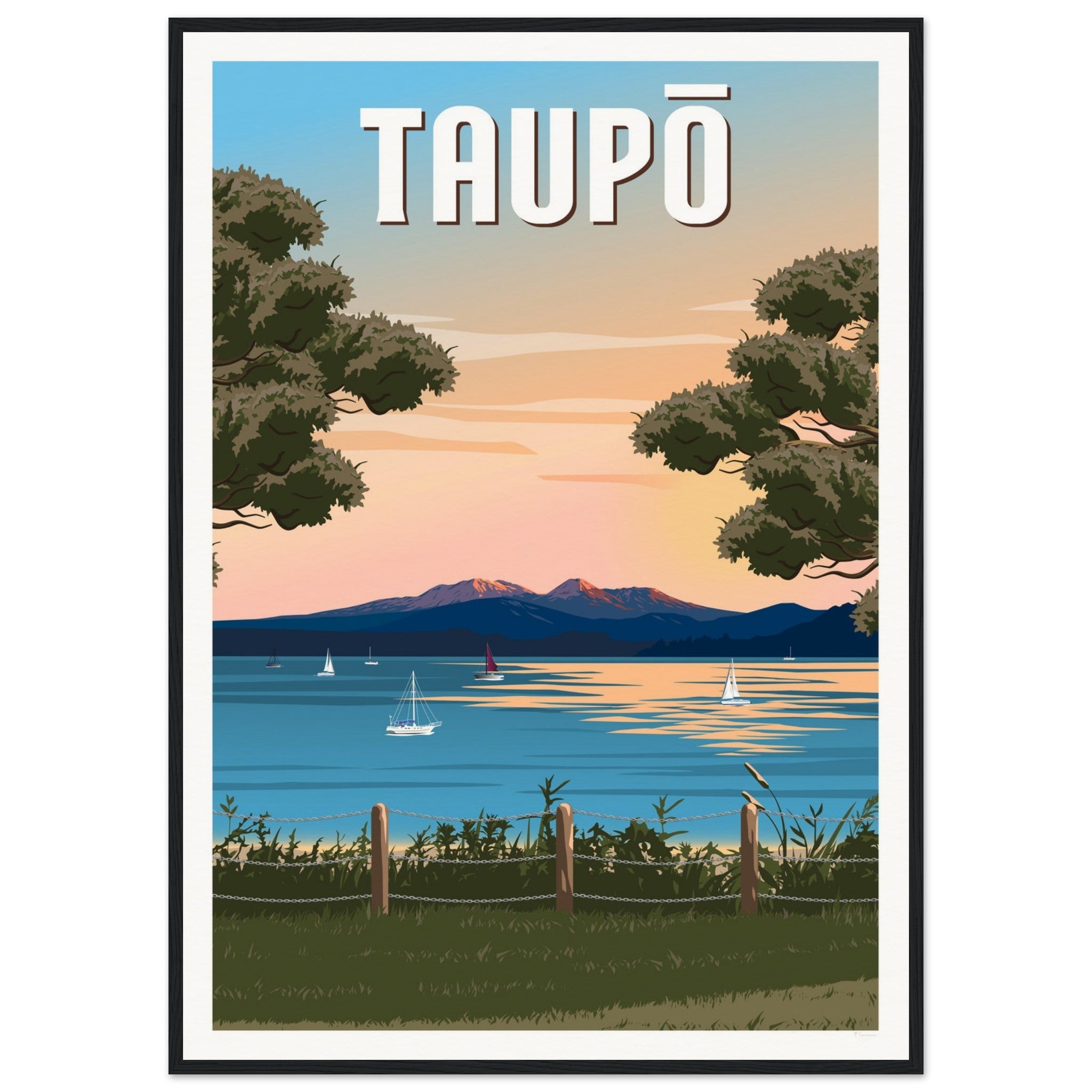 Taupō Sunset Peaks Travel Poster of New Zealand