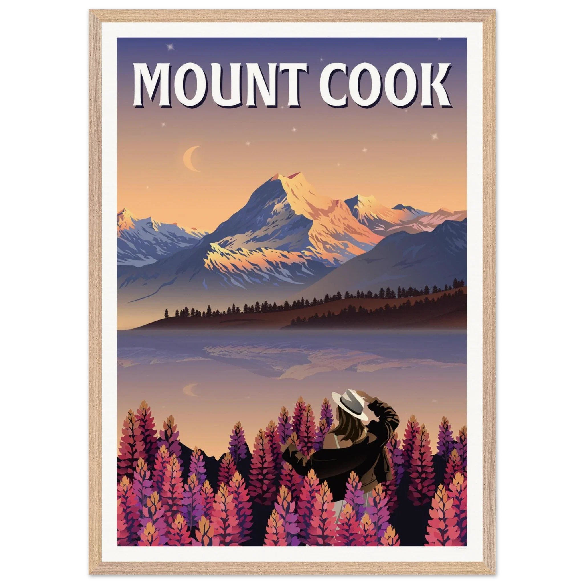 Mount Cook Lupins Travel Poster - Canterbury, New Zealand