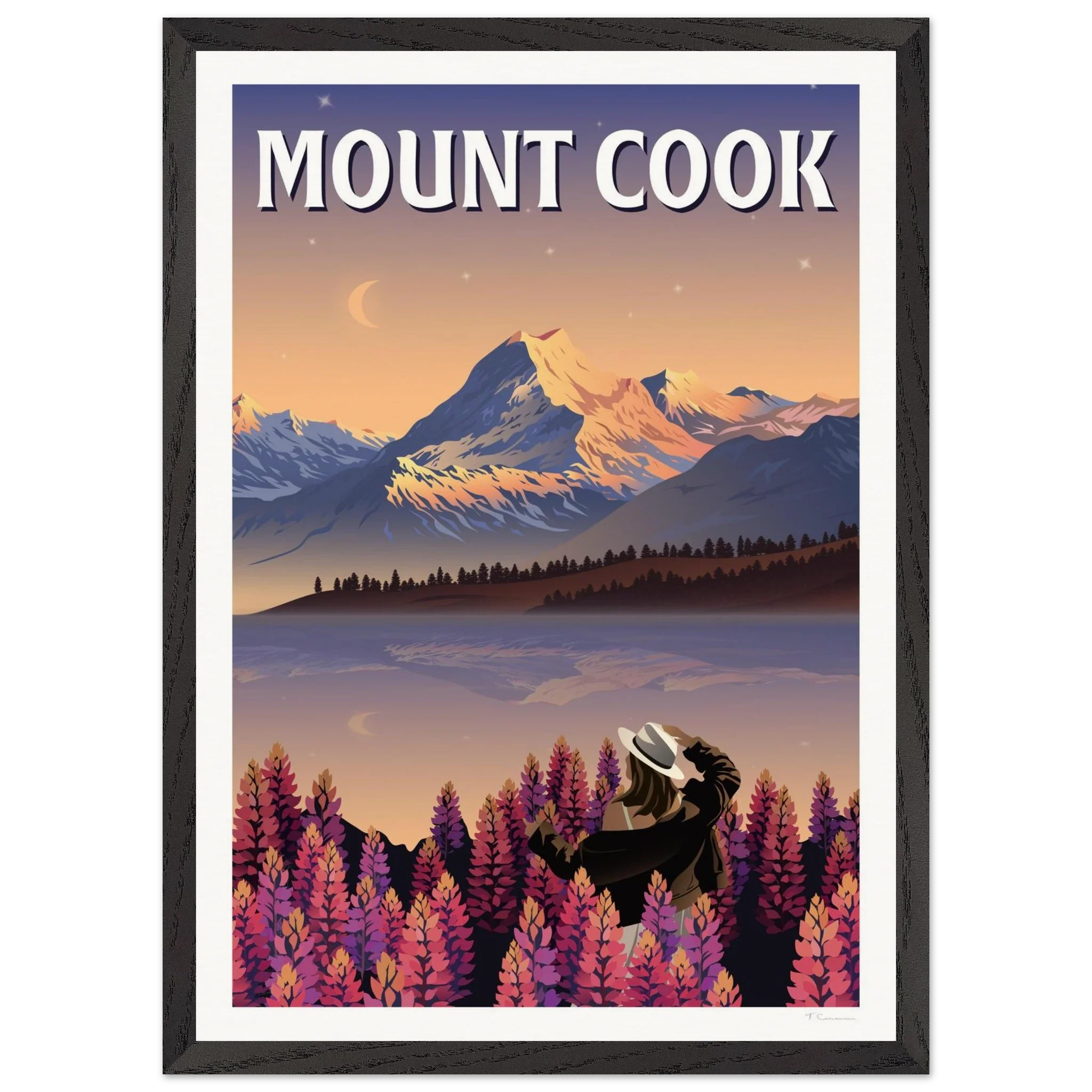 Mount Cook Lupins Travel Poster - Canterbury, New Zealand
