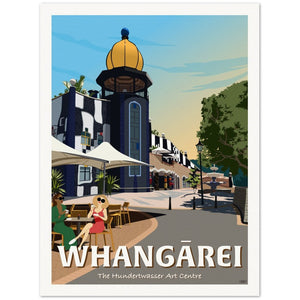 Vintage-style travel poster of Whangarei featuring the Hundertwasser Art Centre | Tiffany Consumi