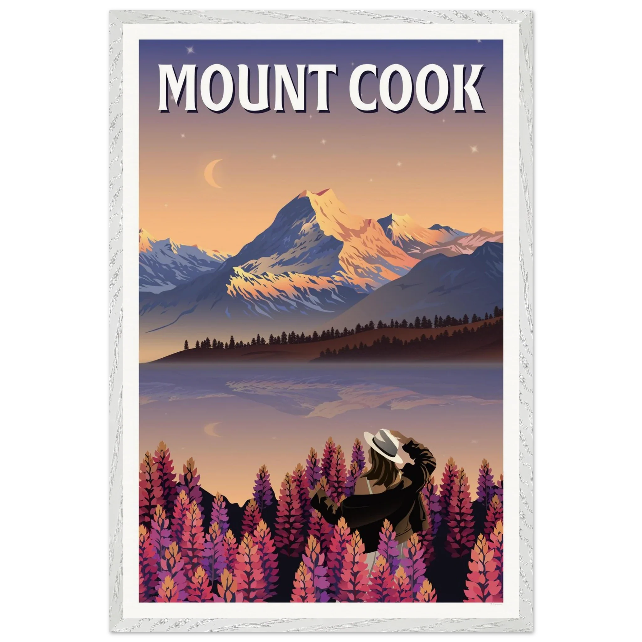 Mount Cook Lupins Travel Poster - Canterbury, New Zealand