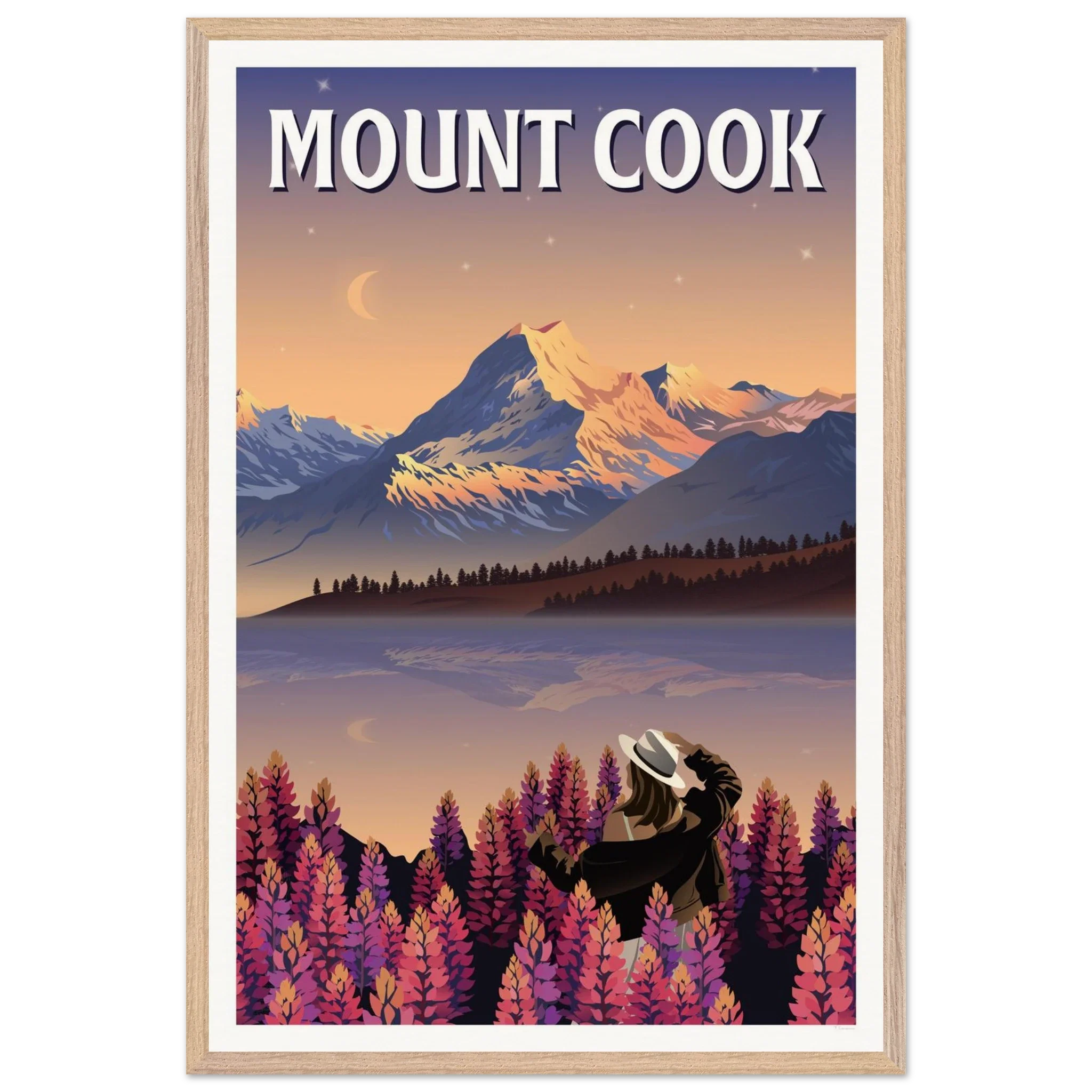 Mount Cook Lupins Travel Poster - Canterbury, New Zealand